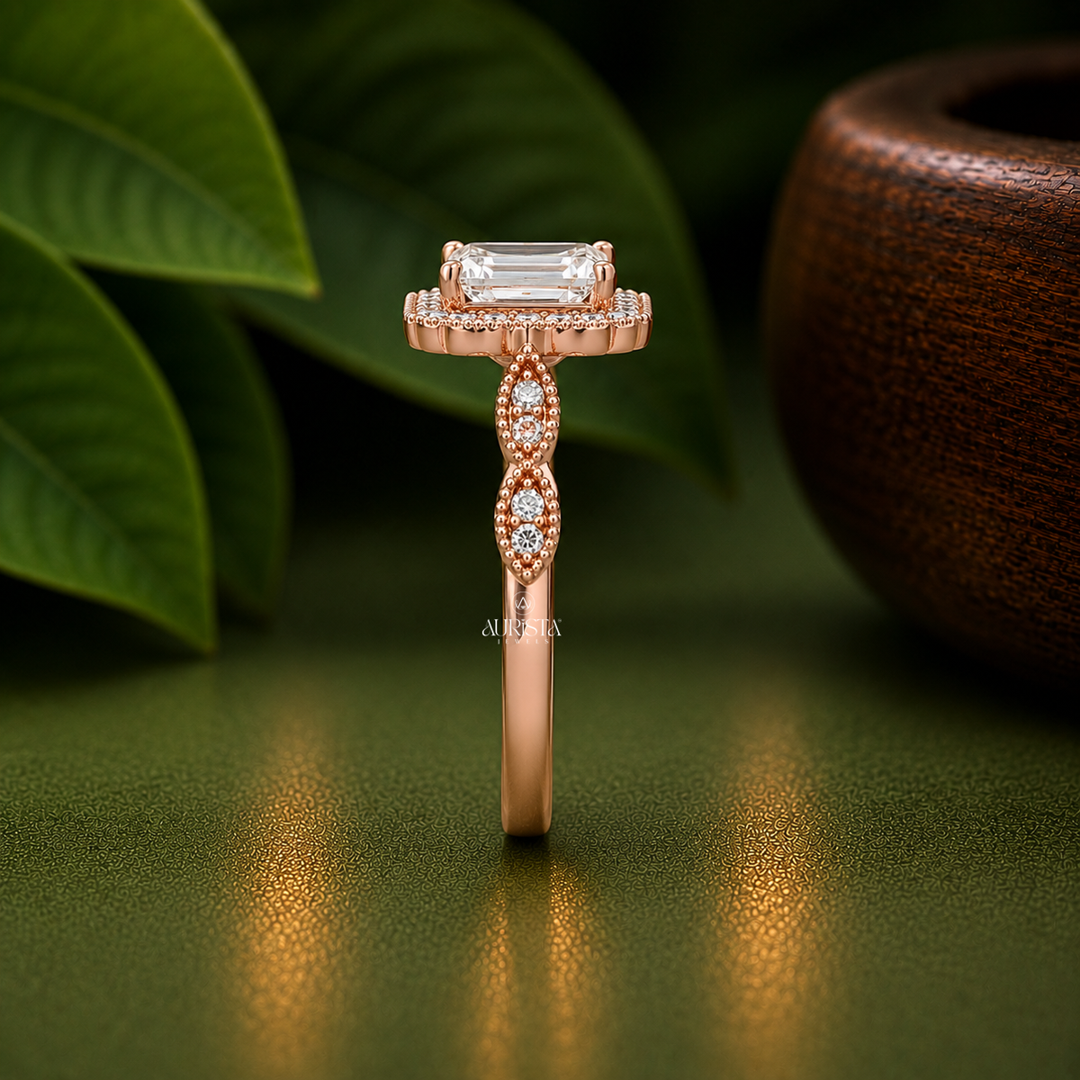 Emerald Lab Grown Diamond Ring, Vintage Milgrain Halo Round Side Stones Rose Gold