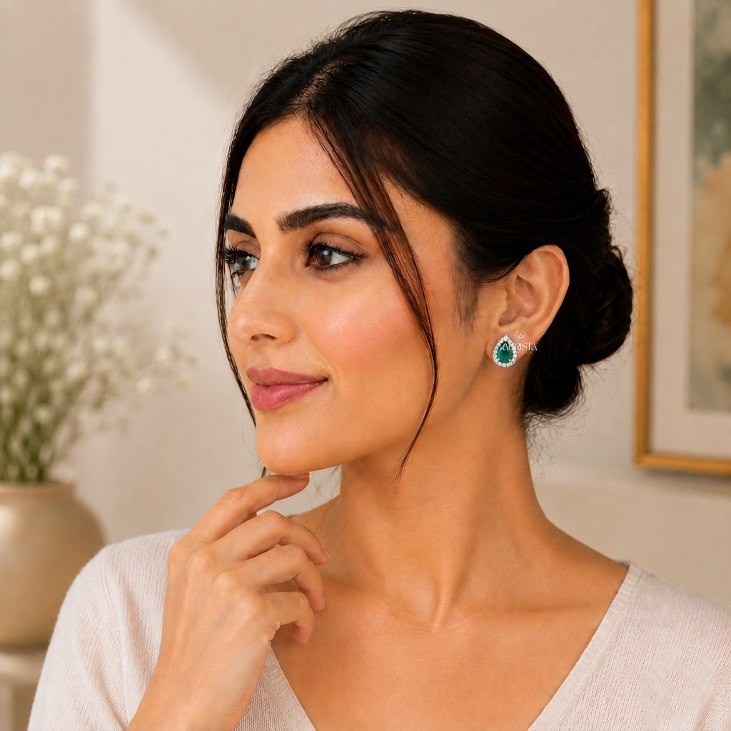 Lab Grown in Diamond Green Pear Halo Stud Earrings Dainty Jewelry