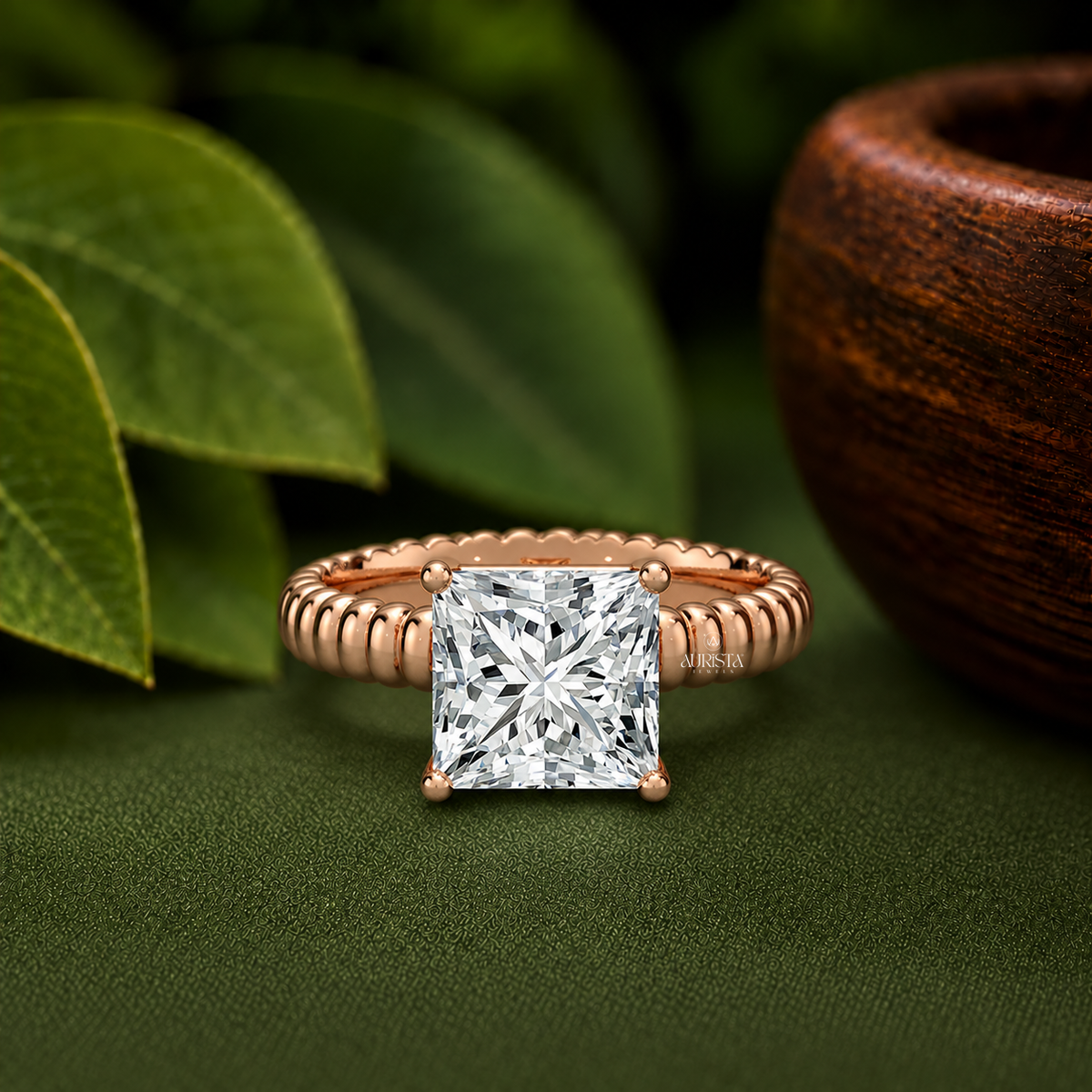 Princess Shape Lab Grown Diamond Ring, Unique Ribbed Dome Rose Gold Solitaire Band