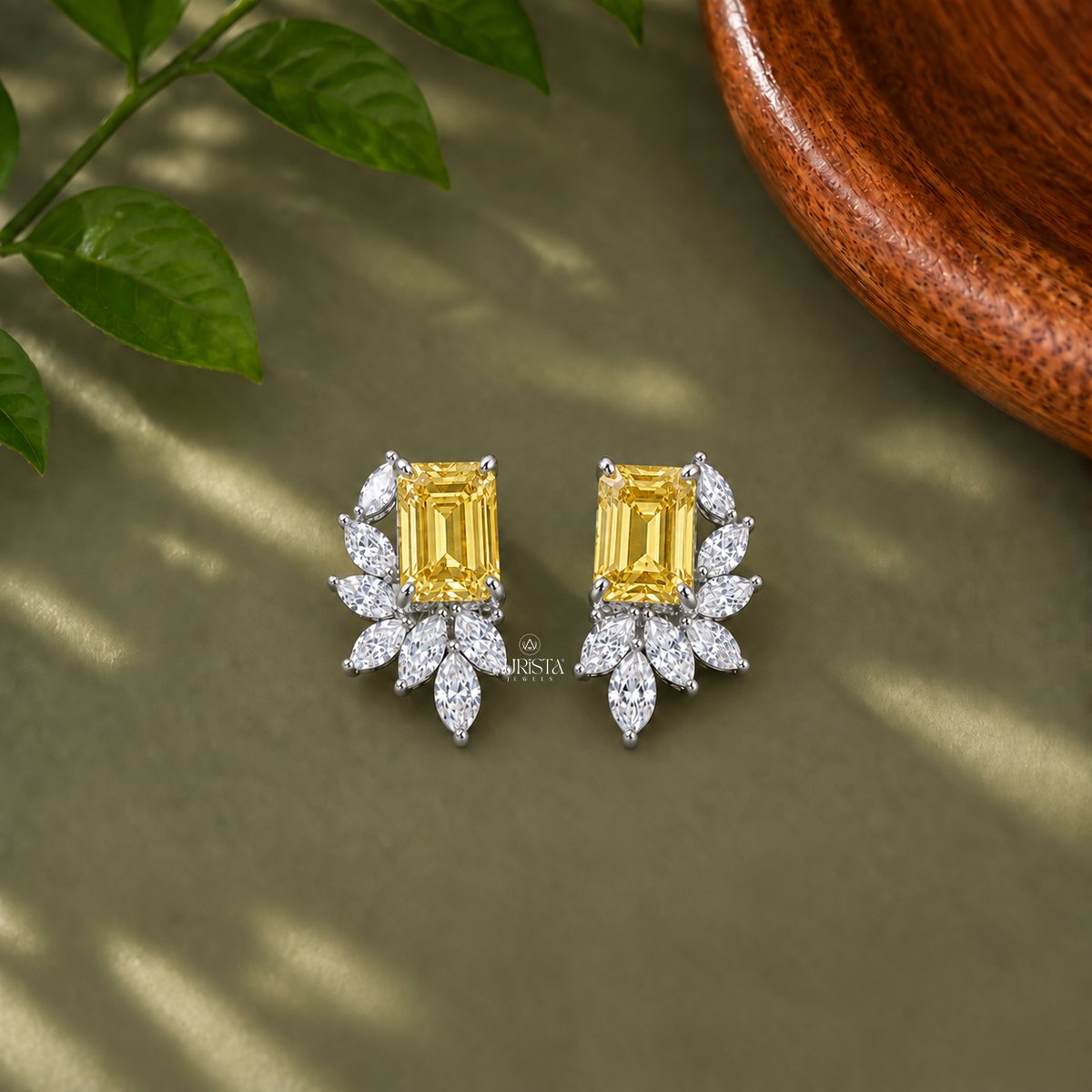 Yellow Emerald Cut Cluster Earrings Lab Grown in Diamond Botanical Statement Studs