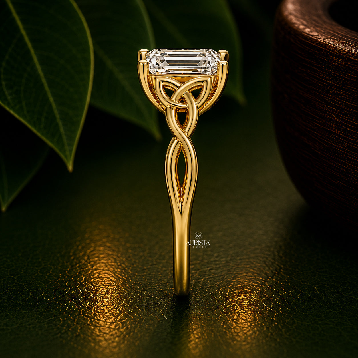 Emerald Cut Lab Grown Diamond Celtic Ring, Twisted Knot Engagement Wedding Band Ring