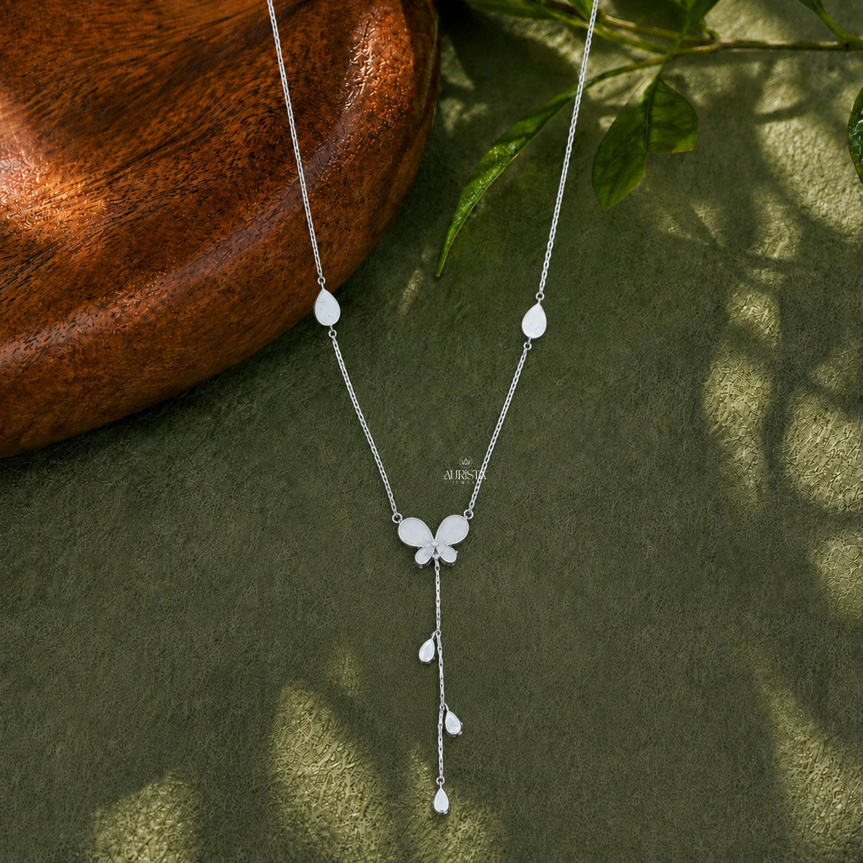 Pink Enamel Butterfly Moissanite Lariat Y Necklace With Pear Drop Charms For Women