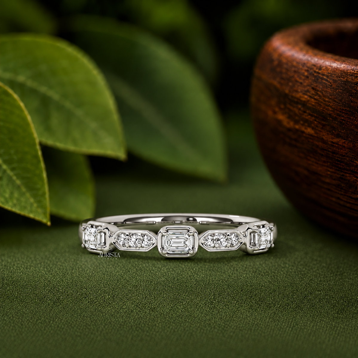 Moissanite Diamond Emerald & Round Cut Stackable Band White Gold Anniversary Ring Gift