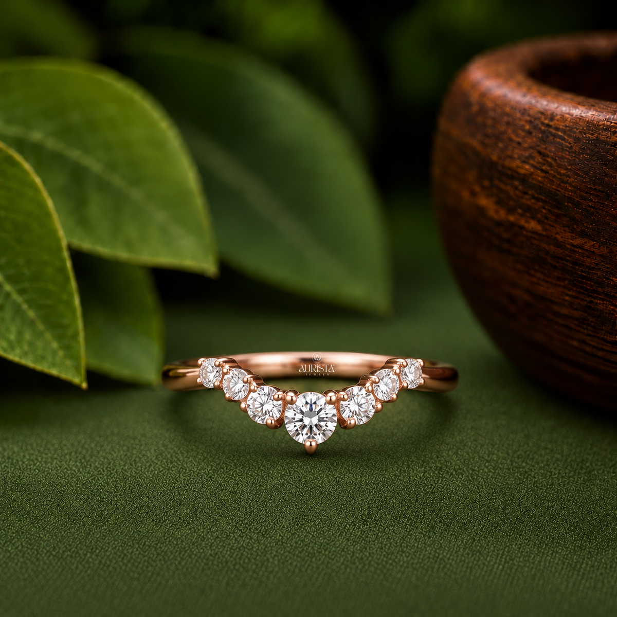 Marquise Lab Grown Diamond Ring Set, Rose Gold Three Stone With Curved Pave Band