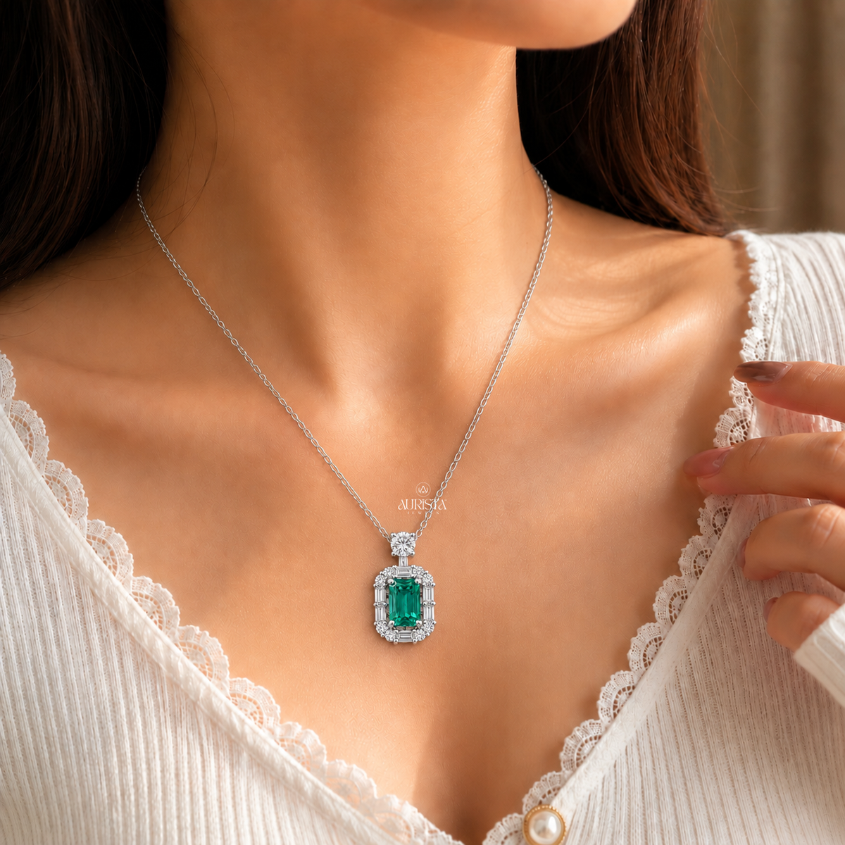 Green Emerald Halo Pendant Necklace Lab Grown in Diamond Fine Jewelry