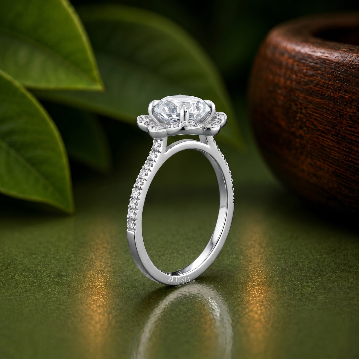 Oval Lab Grown Diamond Ring Set, Vintage Floral Halo In White Gold Round Side Stones