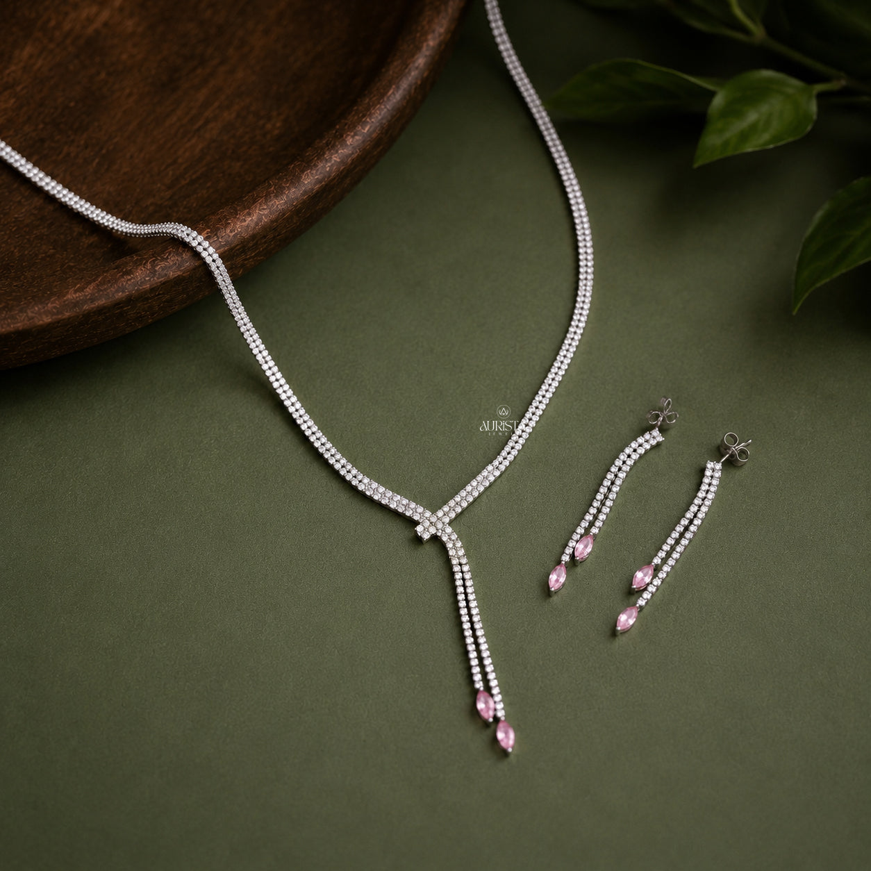 Elegant Moissanite Necklace and Earring Set with Round and Pink Marquise Accents