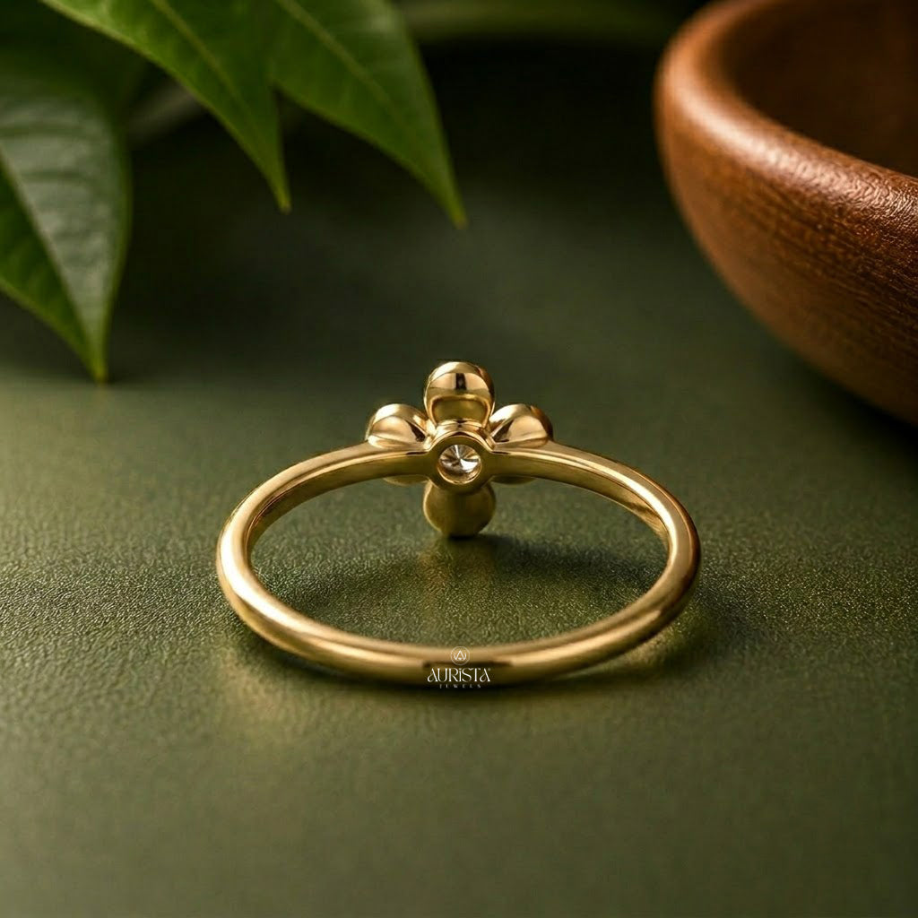 Lab Grown Diamond Gold Flower Ring Dainty Floral Solitaire Stacking Band Chic