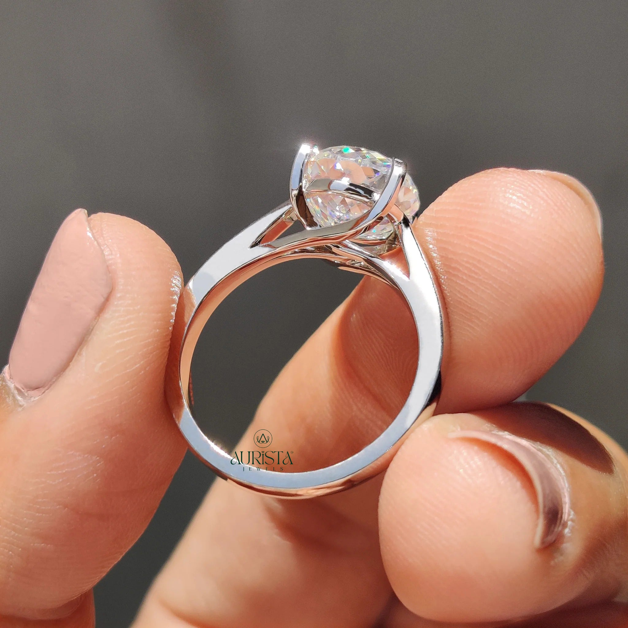 Portuguese Cut Moissanite Solitaire Engagement Ring Minimalist White Gold Band