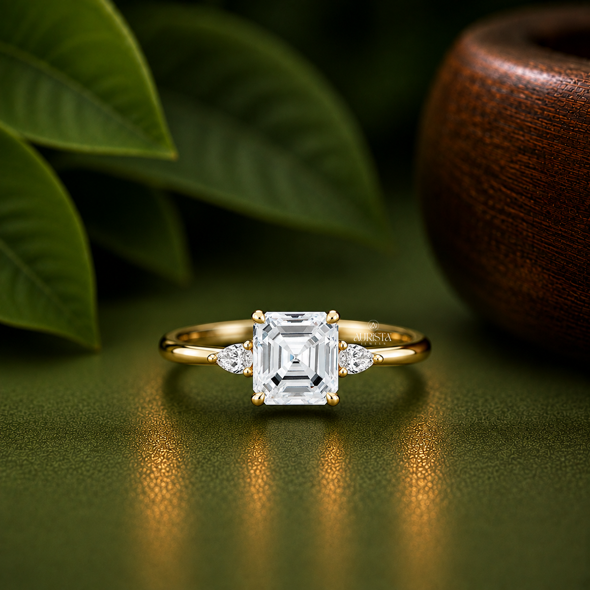 Asscher Shape Lab Grown Diamond Ring Set, Three Stone Yellow Gold With Curved Band