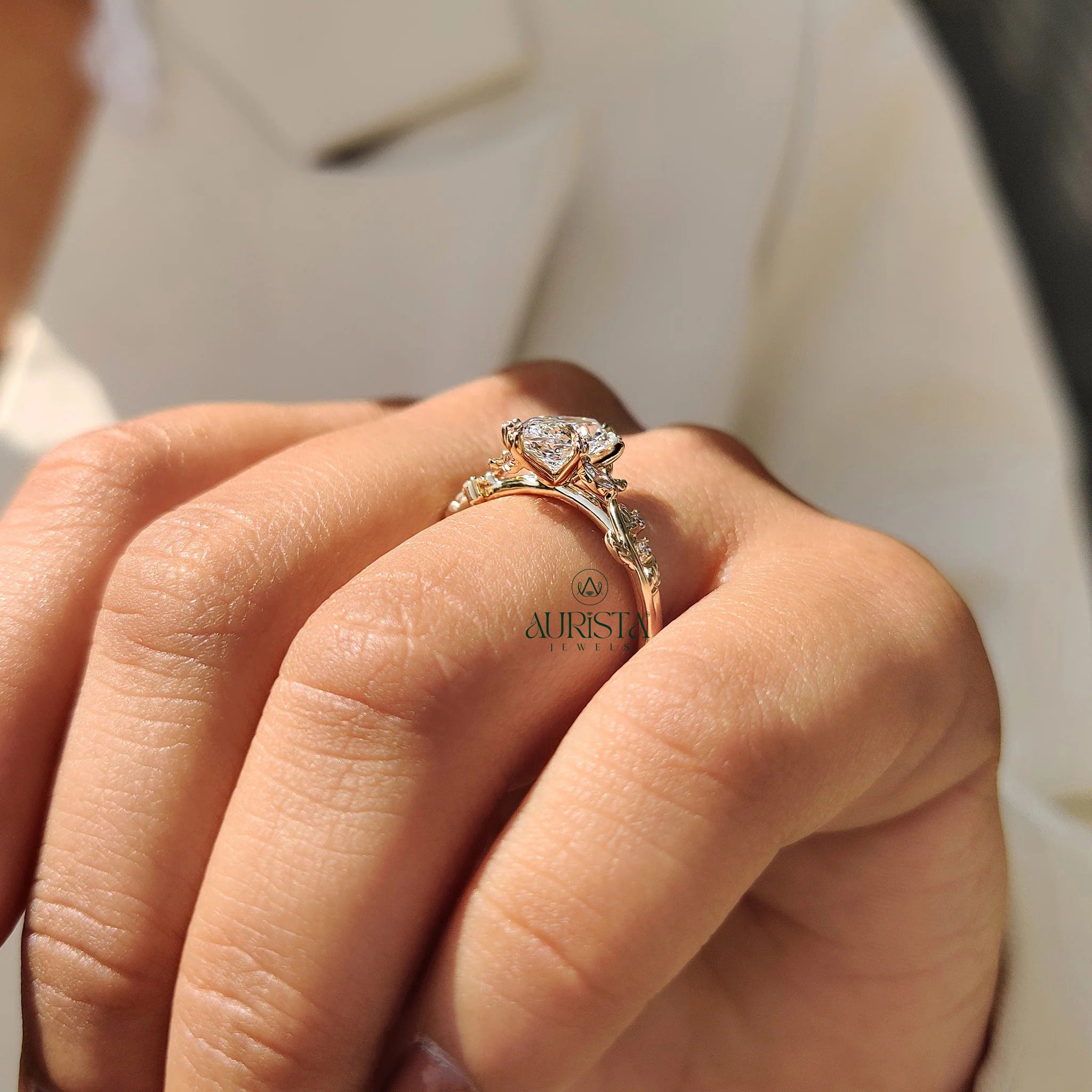 Marquise Cut Diamond Vine Ring with Leaf Accent Twig Band