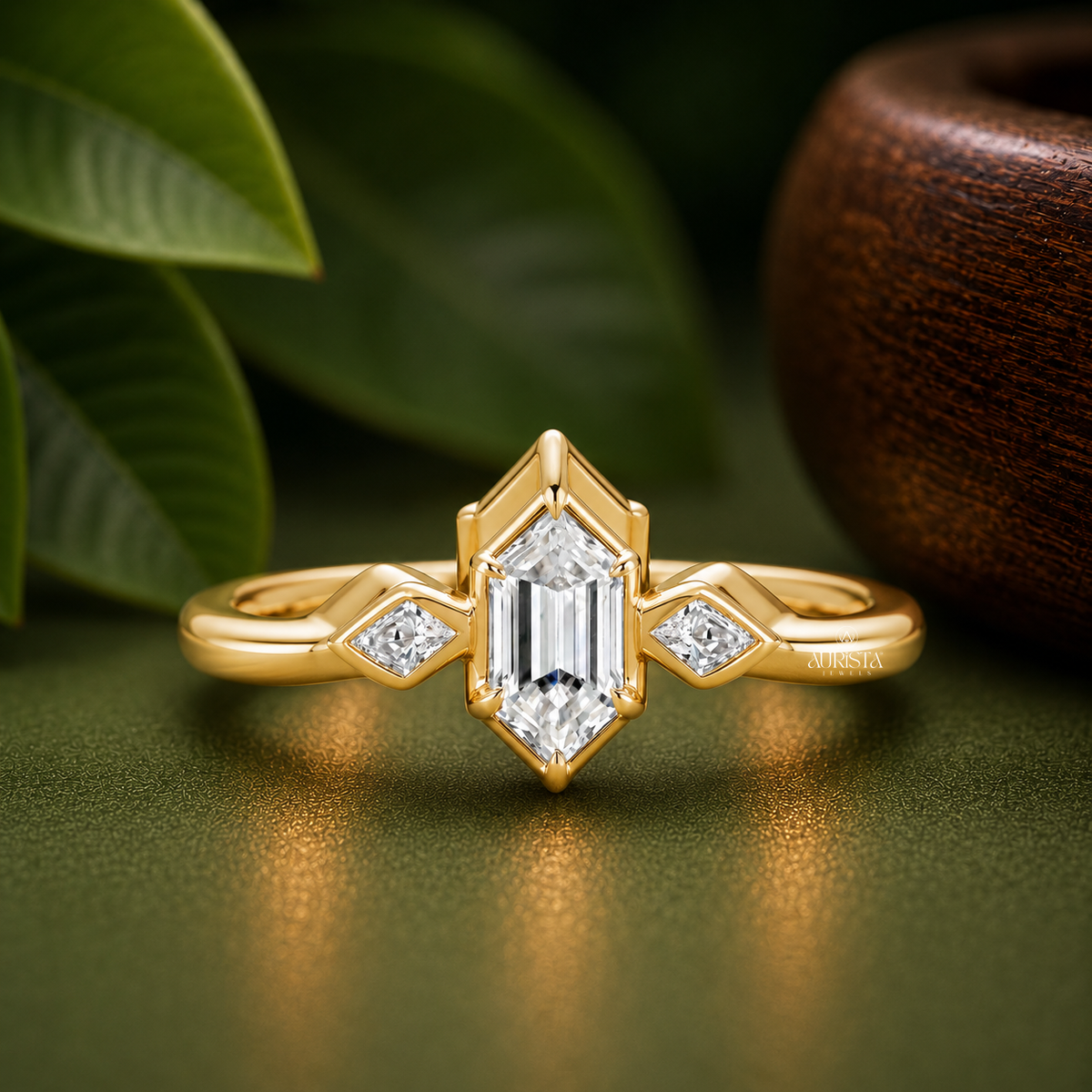Hexagon Lab Grown Diamond Ring, Rose Gold Three Stone Engagement Ring With Marquise