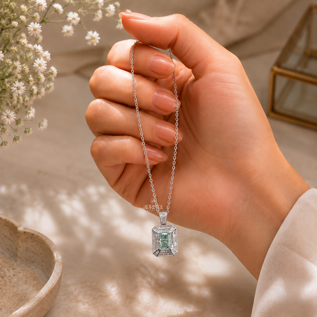 Green Color Diamond Halo Pendant Necklace Lab Grown in Diamond Silver Fine Jewelry