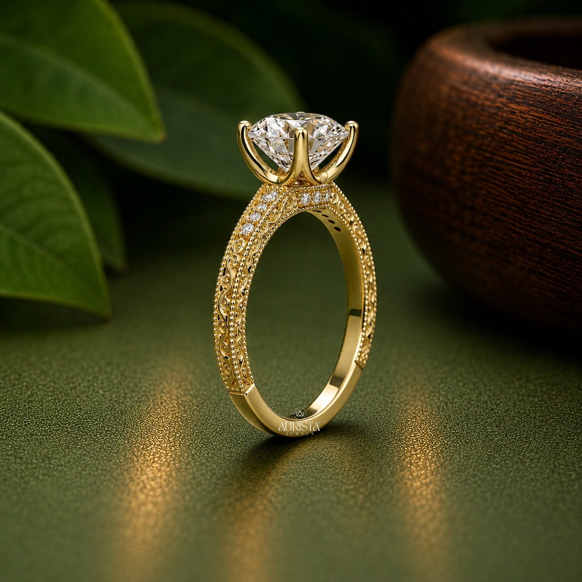 Vintage Round Moissanite Diamond Ring, Antique Milgrain Pavé Engagement Wedding Band