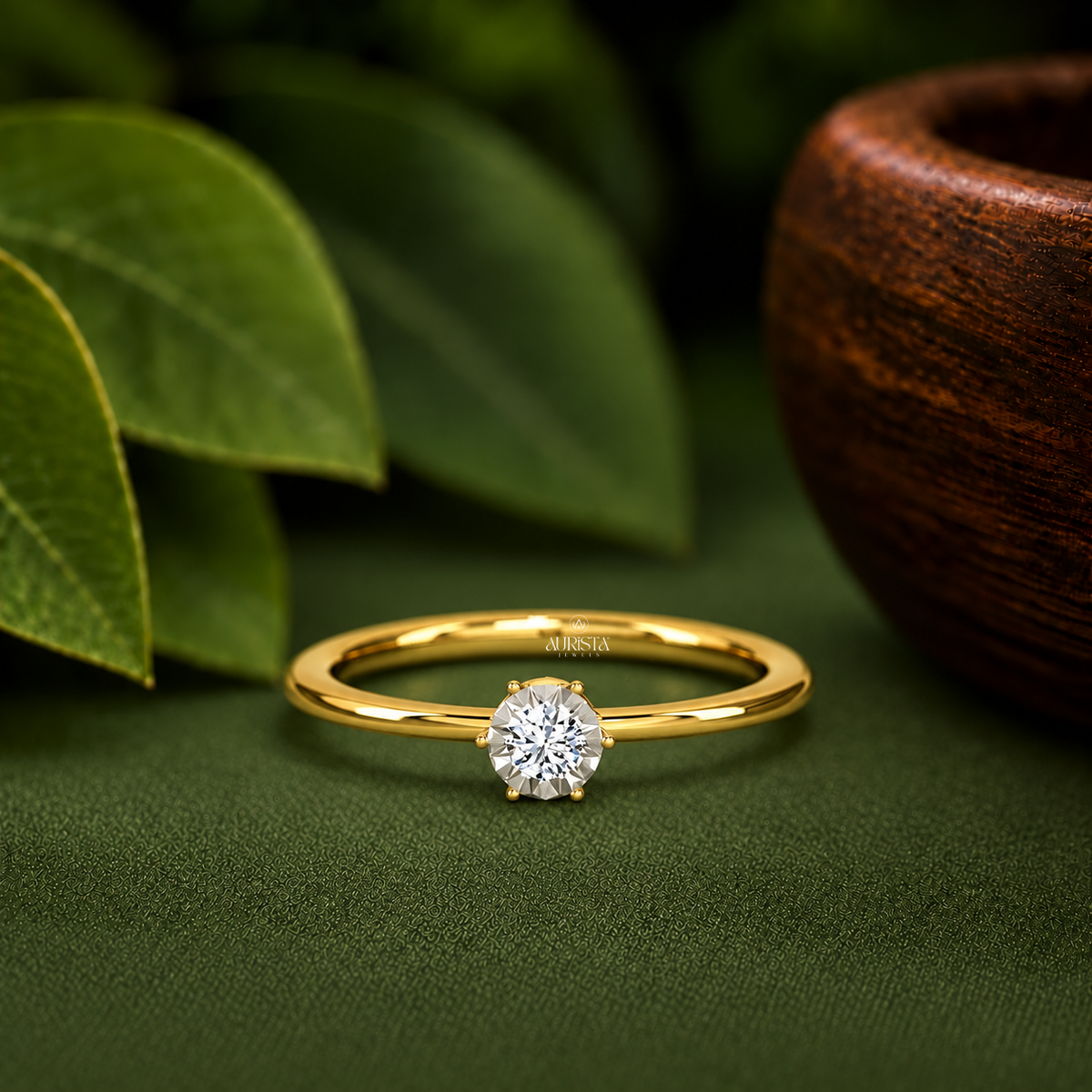 Moissanite Diamond Round Solitaire Engagement Ring Yellow Gold Minimalist Promise