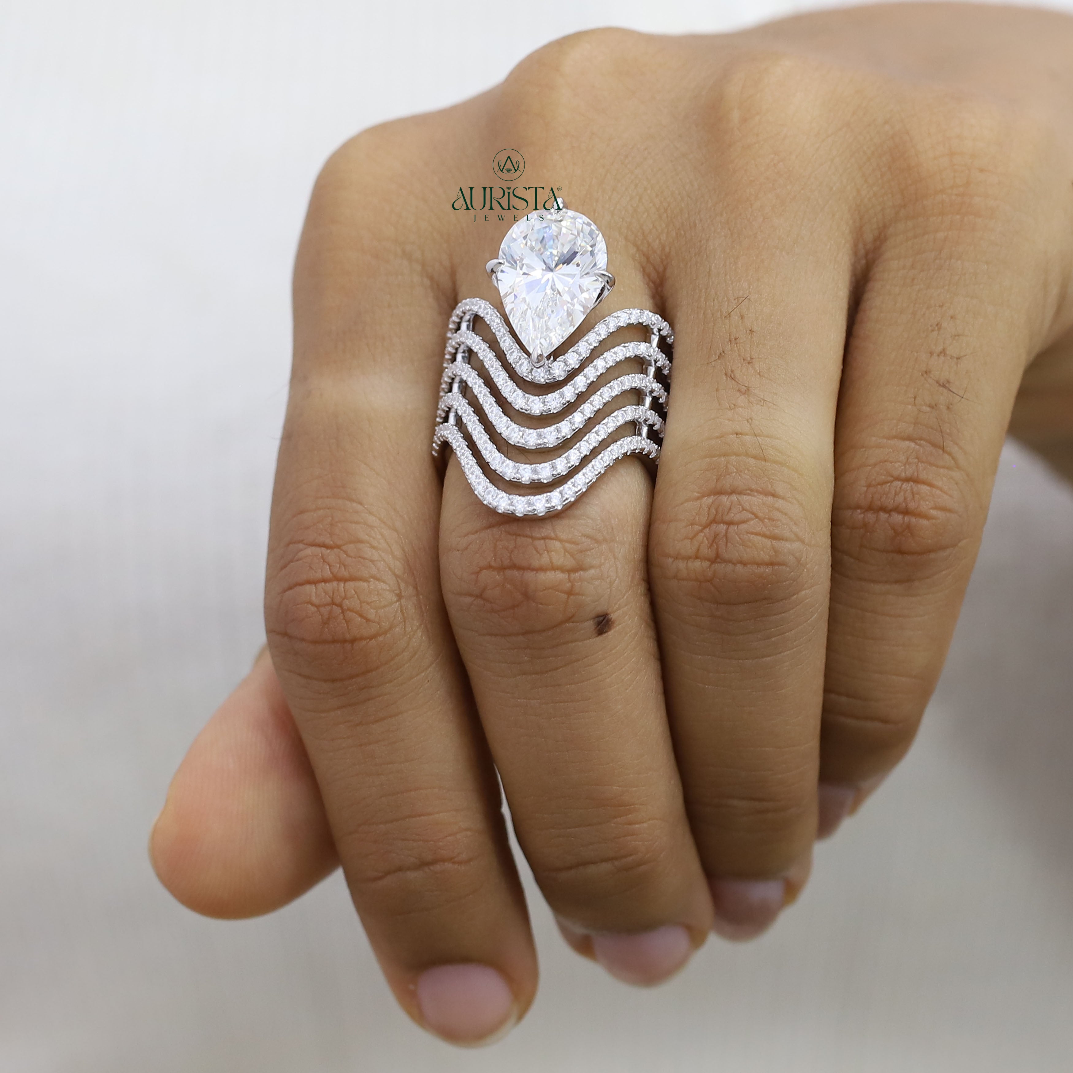 Pear Cut Moissanite Statement Ring - Multi Layer Wave Pave Band Luxury Cocktail Ring
