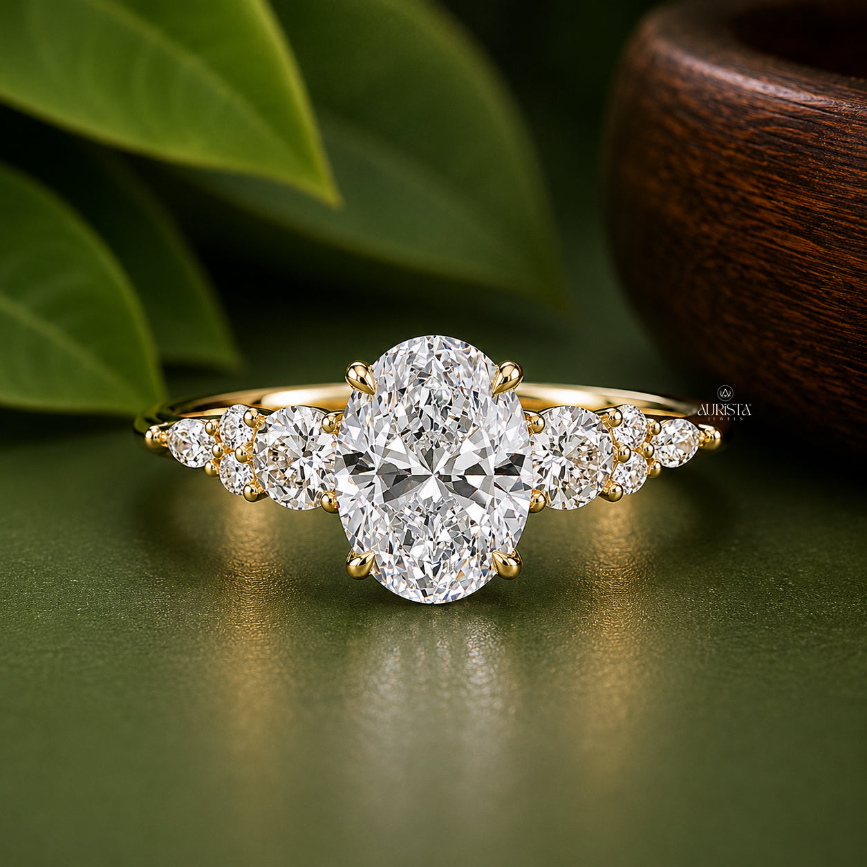 2 Carat Oval Lab Grown Diamond Ring, Side Stone, Bridal Jewelry
