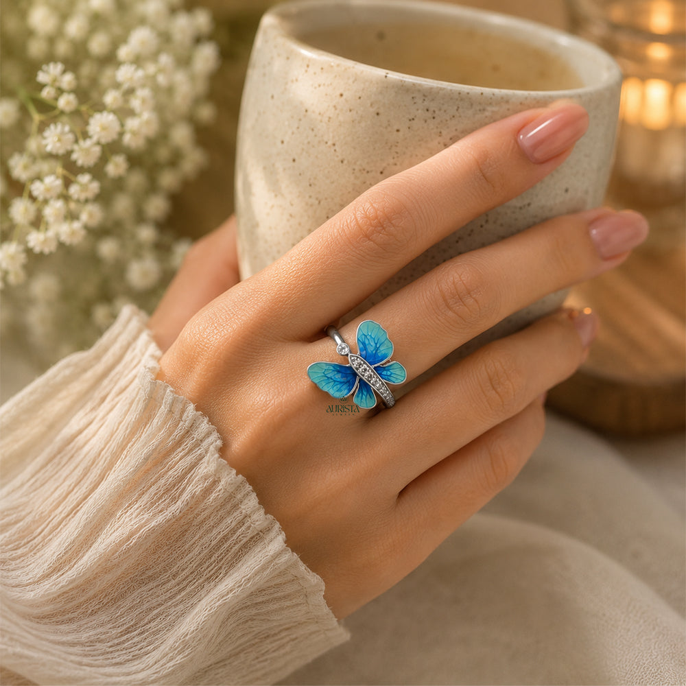 Blue Butterfly Moissanite Ring Round Cut Enamel Statement Animal Ring For Women
