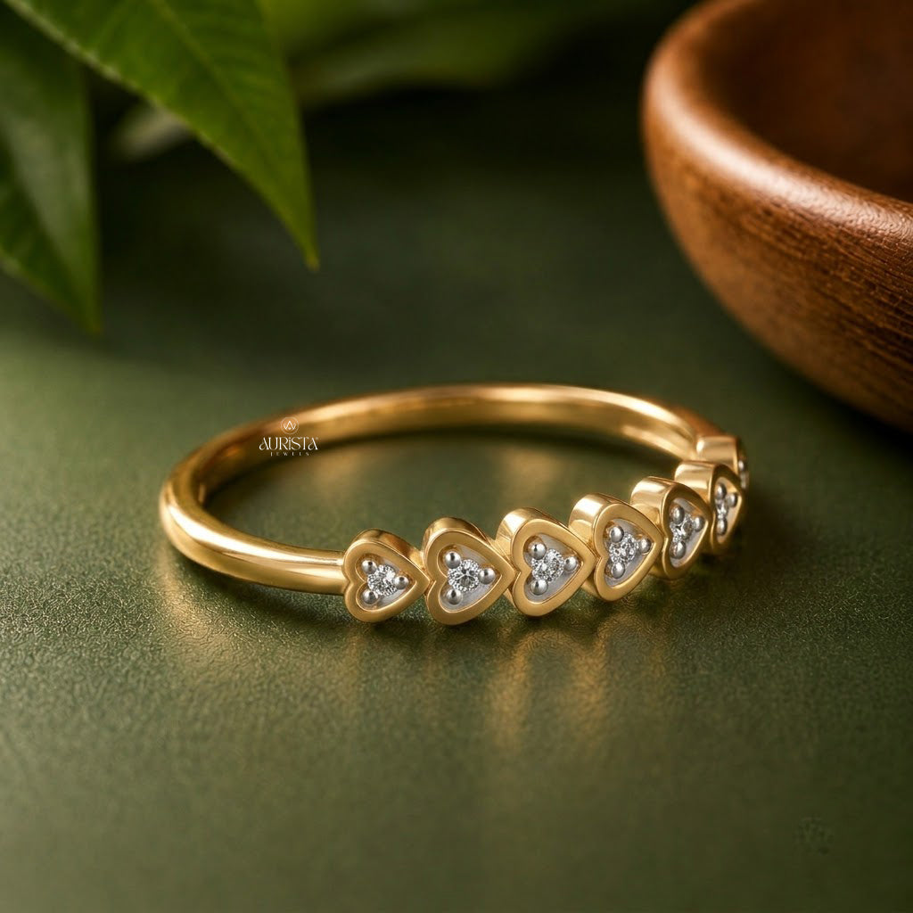 Lab Grown Diamond Gold Heart Band Ring Continuous Hearts Stacking Ring Romantic