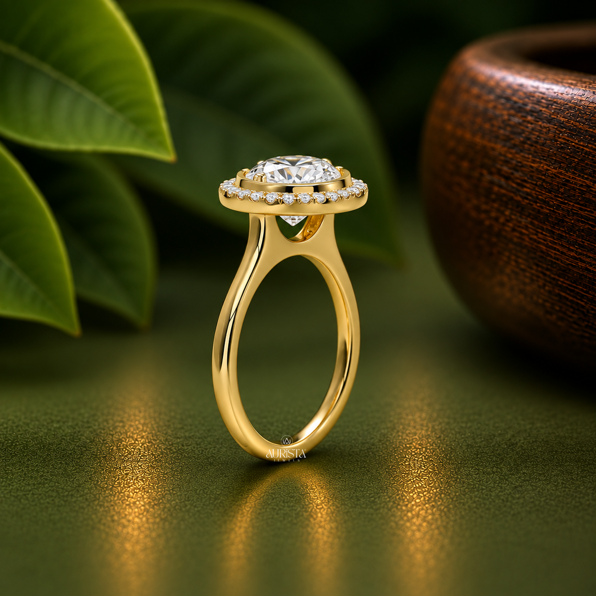Oval Shape Lab Grown Diamond Ring, Bezel Halo Yellow Gold Band, Round Side Stones