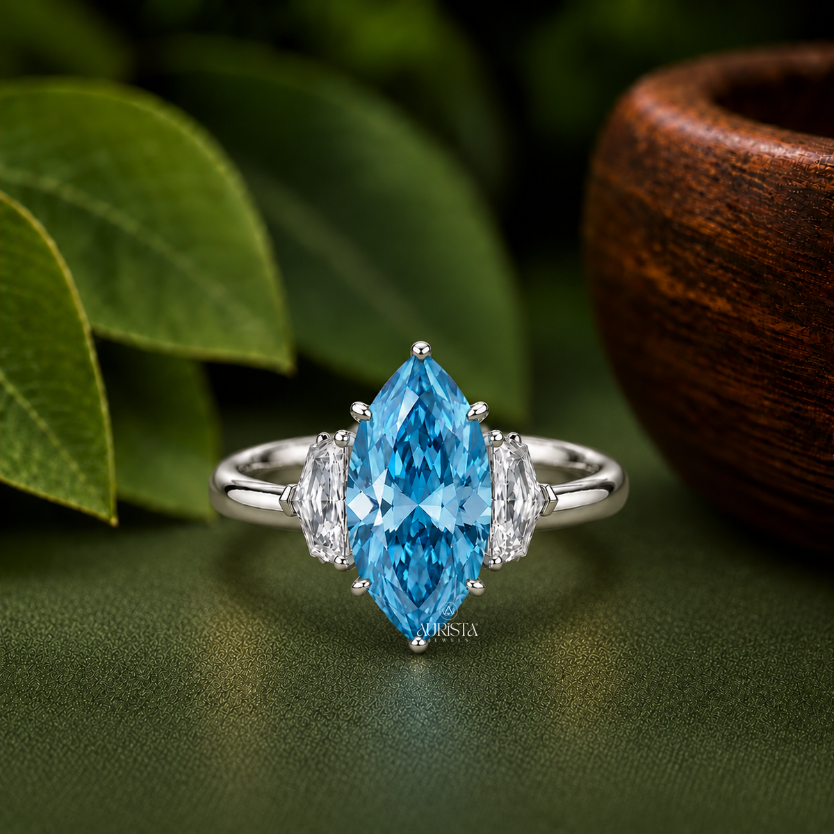 Lab Grown in Diamond Blue Marquise Engagement Ring Three Stone Statement Ring