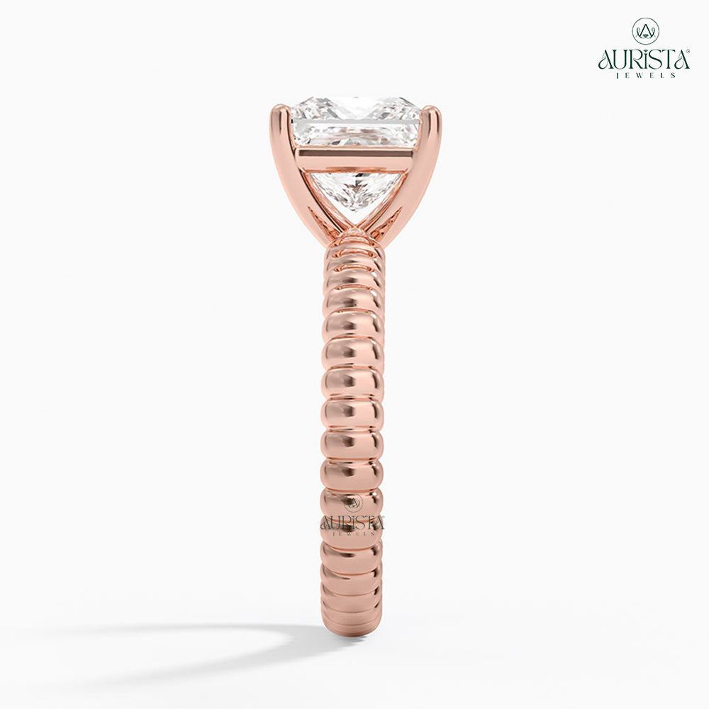Princess Shape Moissanite Diamond Ring, Unique Ribbed Dome Rose Gold Solitaire Band