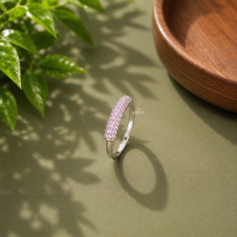 Minimalist Gemstone Band, Sterling Silver Round Pave Ring, Everyday Stackable Ring