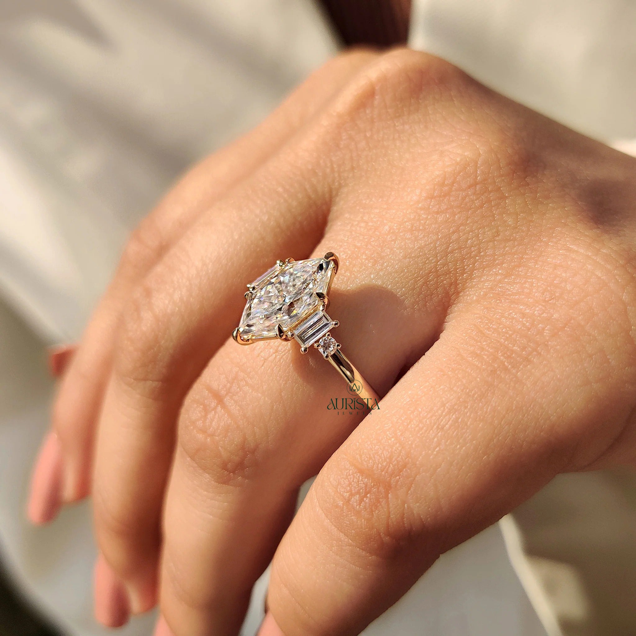 Marquise Moissanite in Diamond Baguette Yellow Gold Art Deco Engagement Ring