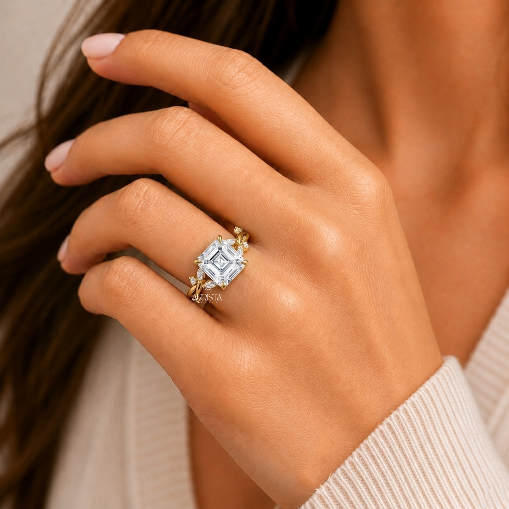 Asscher Lab Diamond Ring,Marquise and round Side Stones,Unique Diamond Ring