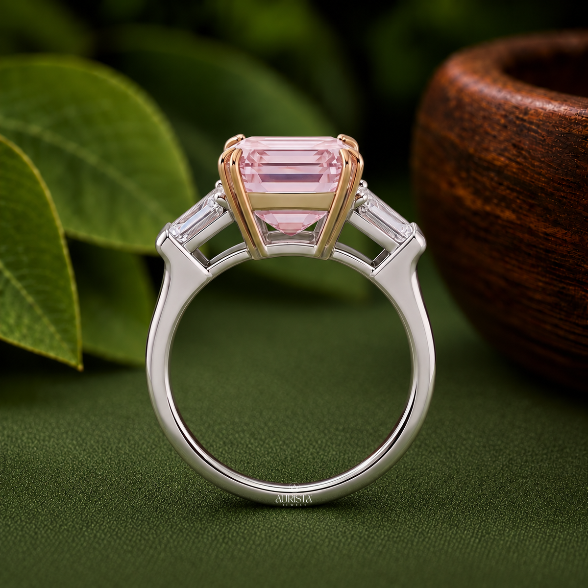 Lab Grown in Diamond Pink Emerald Cut Ring Three Stone Engagement Ring Statement