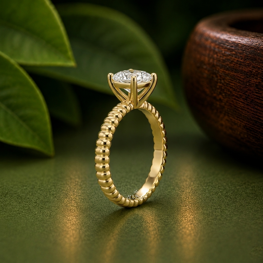 Heart Shape Lab Grown Diamond Ring, Unique Ribbed Dome Yellow Gold Band Solitaire