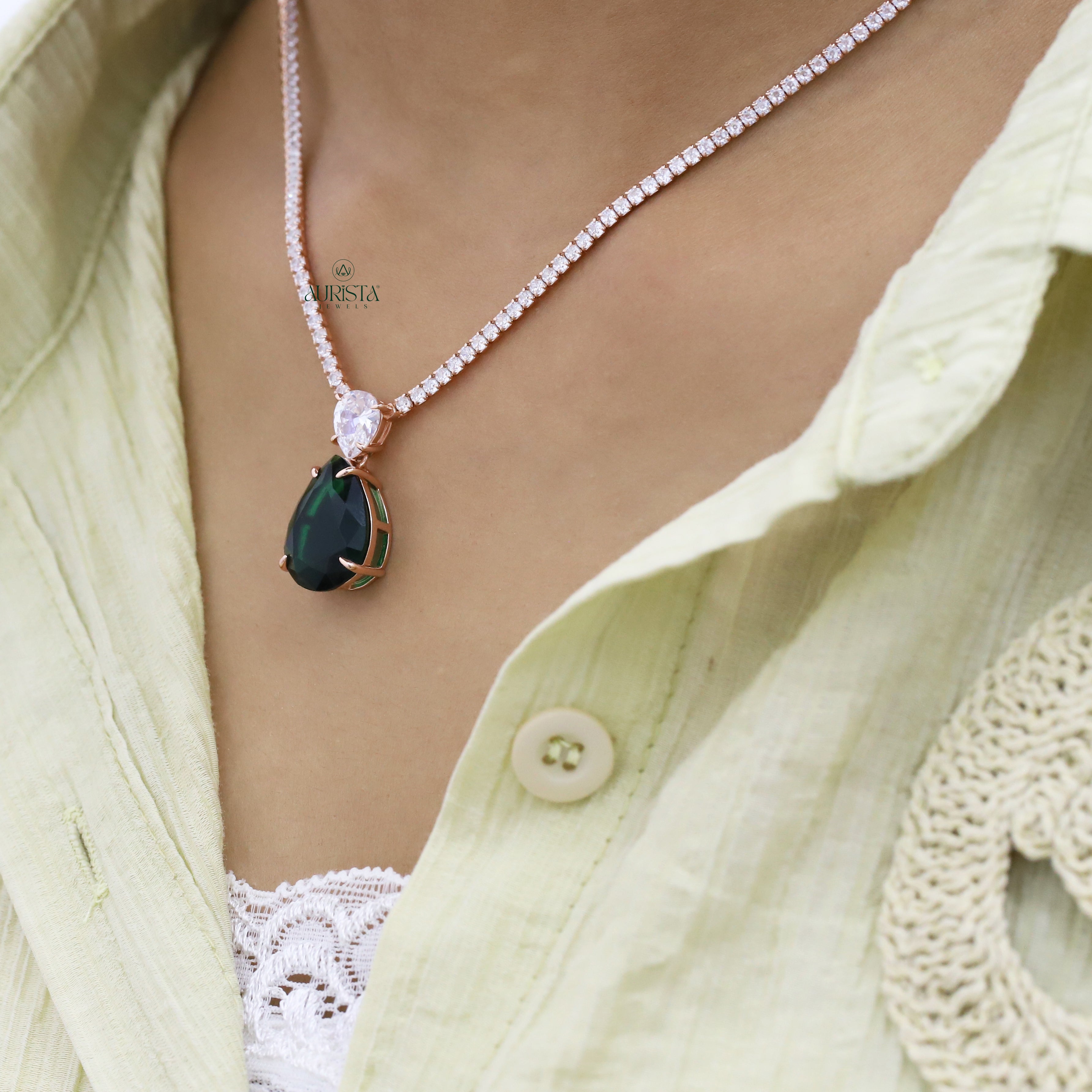 Round Moissanite Tennis Necklace with Pear-Cut Green Drop Pendant