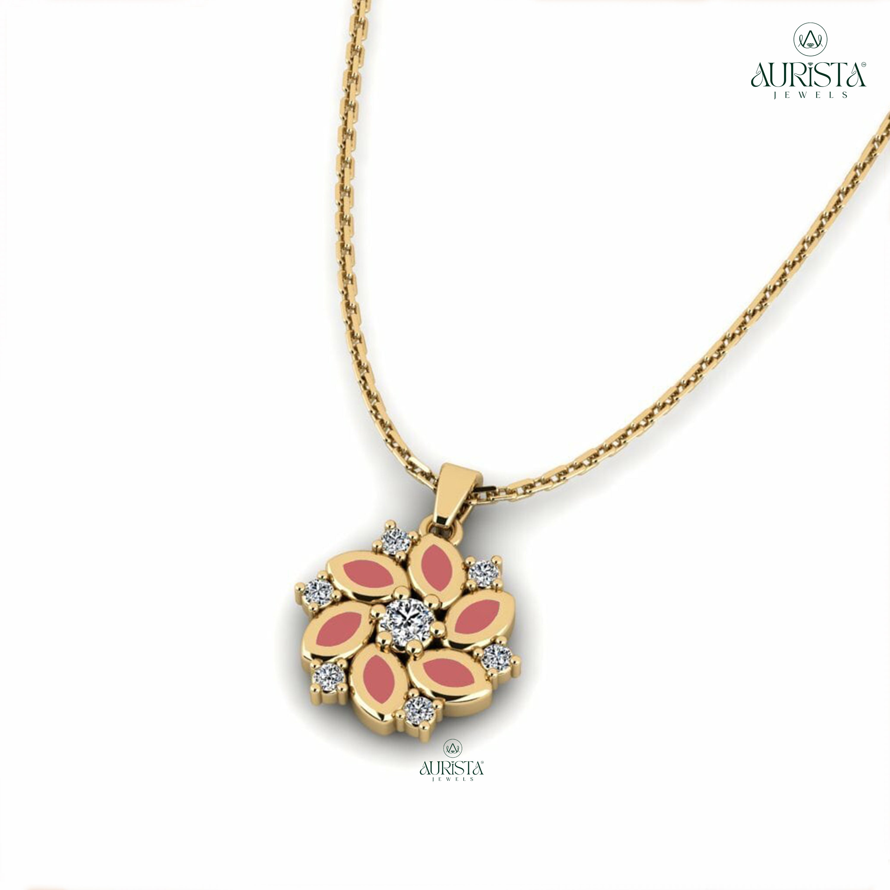 Floral Moissanite Diamond Pendant Necklace with Pink Petal Accents
