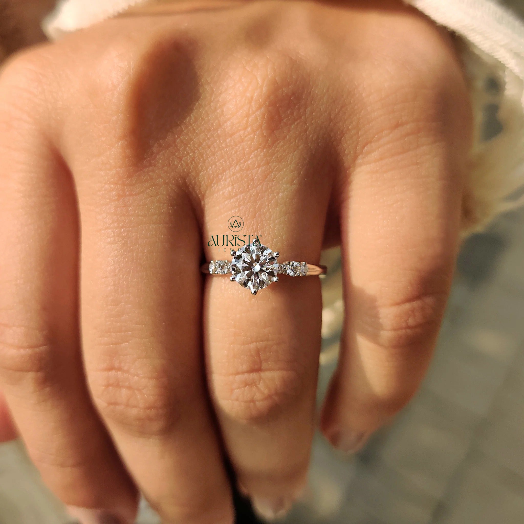 Round Brilliant Cut Diamond Ring with 6-Prong Accent Band