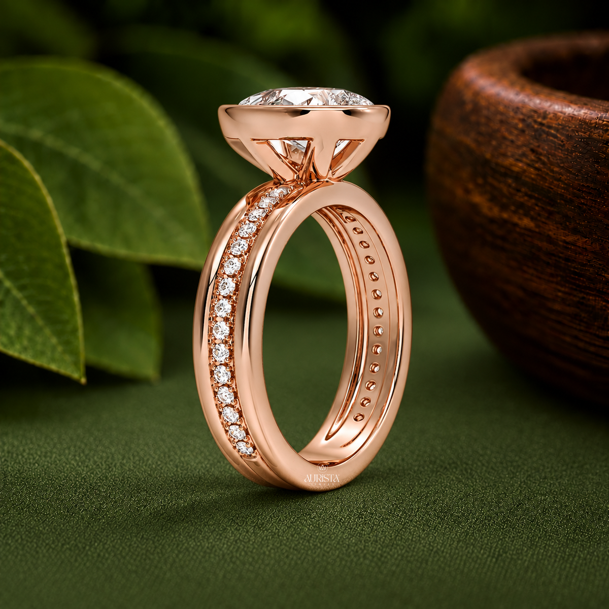 Pear Moissanite Diamond Ring, Bezel Set Rose Gold With Pave Round Side Stones