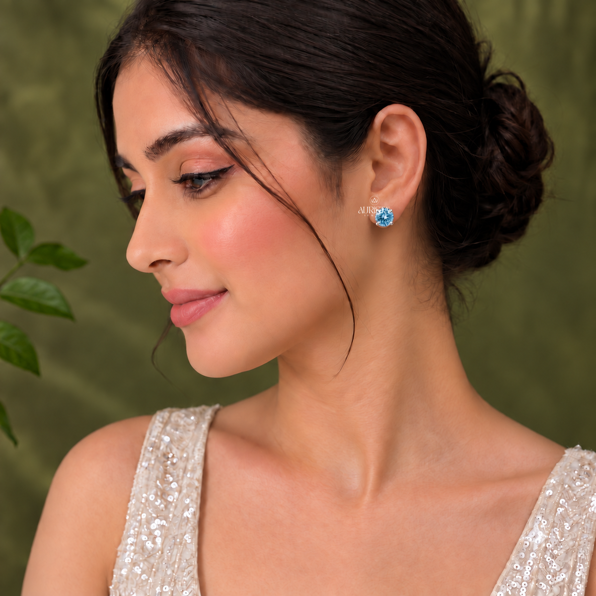 Blue Round Solitaire Stud Earrings Lab Grown in Diamond Minimalist Daily Jewelry