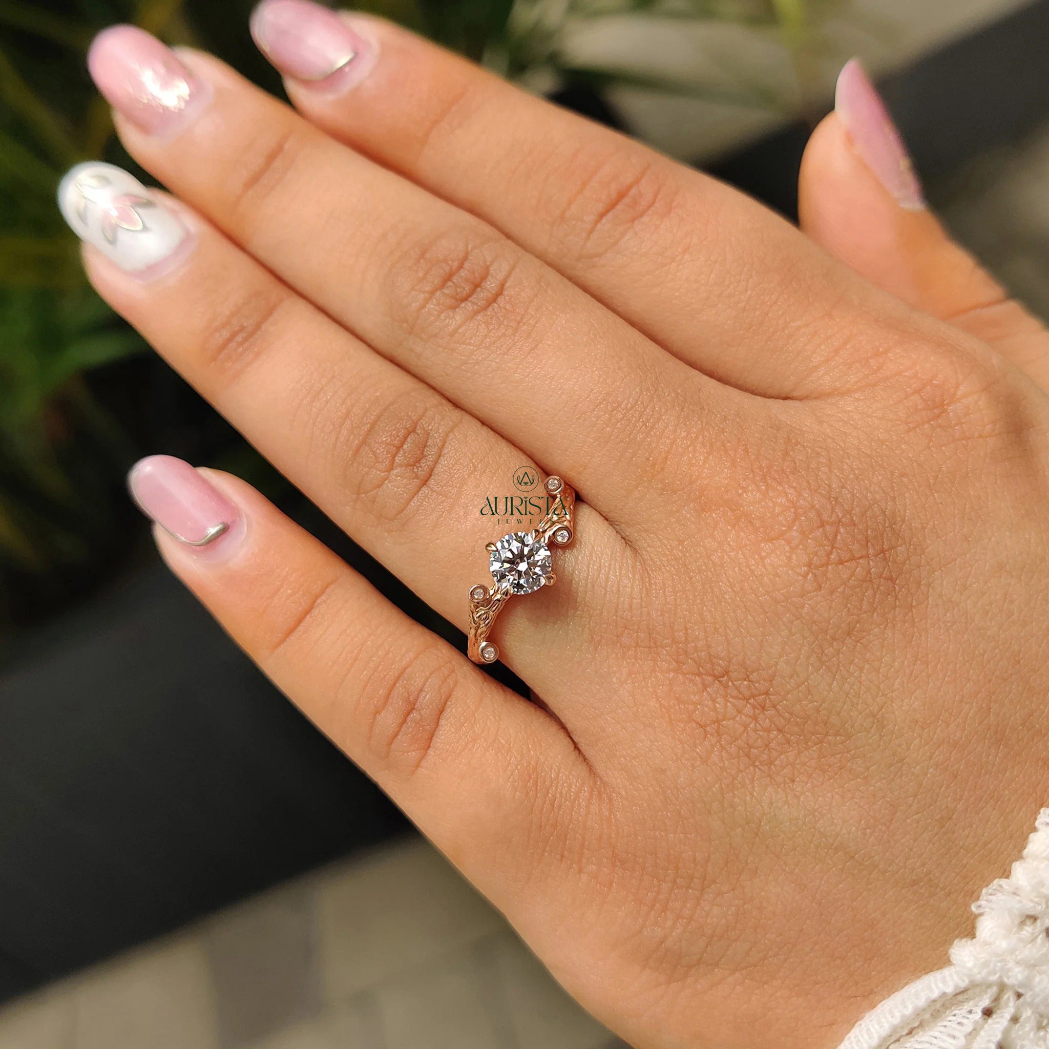 Round Brilliant Cut Diamond Twig Ring with Bezel Set Side Stones