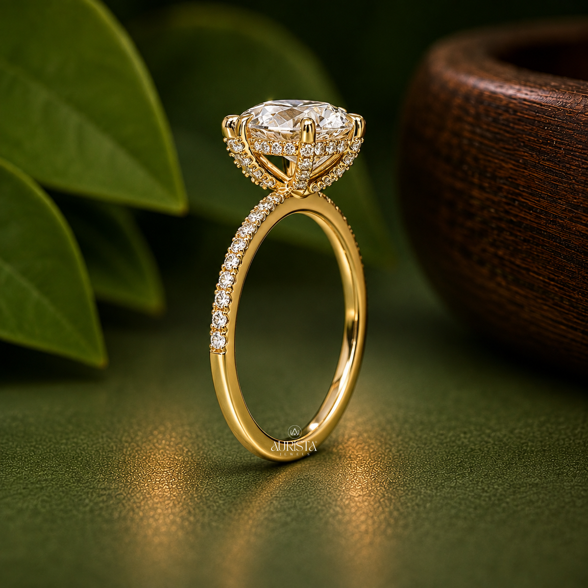 Pear Shaped Lab Grown Diamond Hidden Halo Ring, Delicate Pave Engagement Band Jewelry