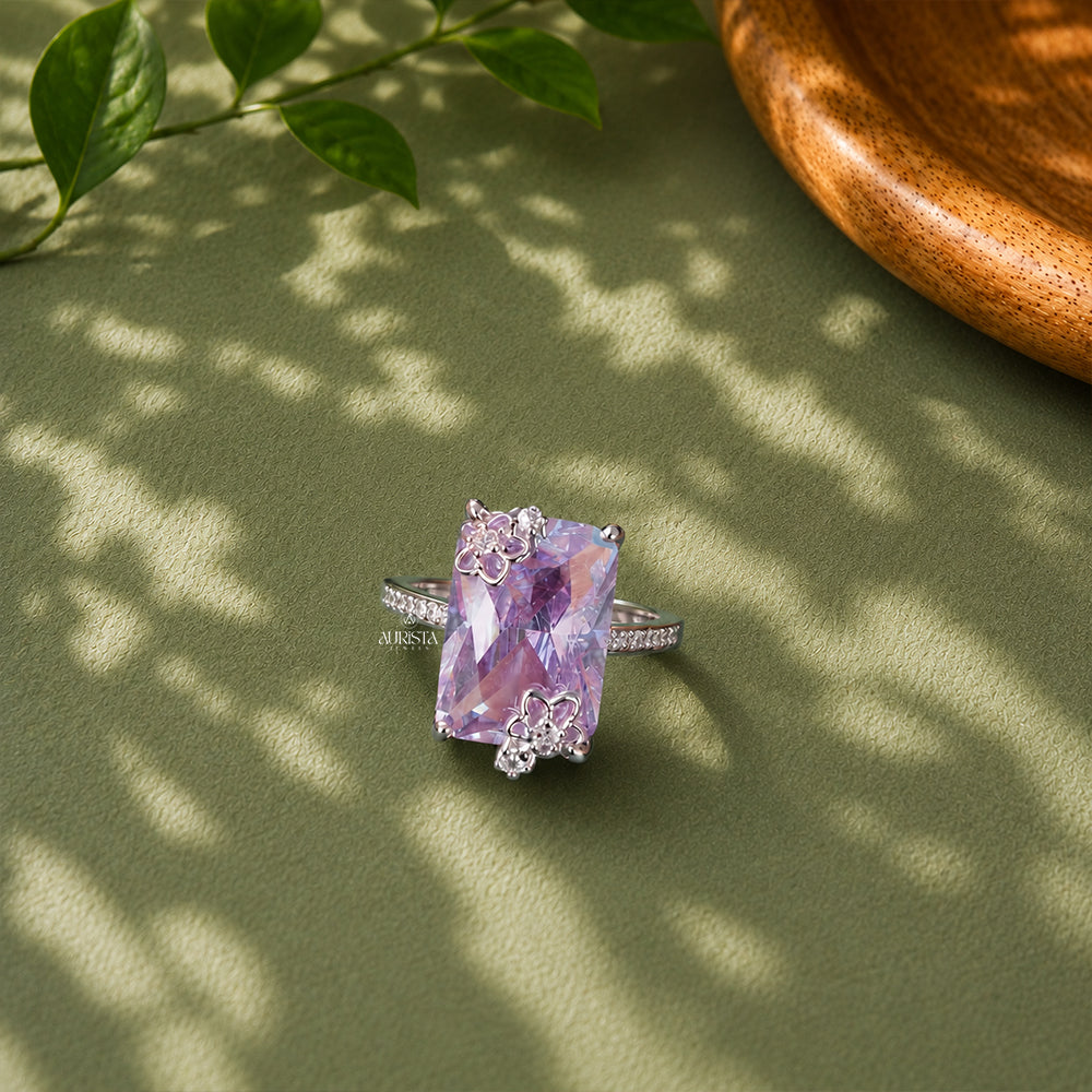 Emerald Cut Purple Gemstone Ring Solitaire Moissanite Engagement Ring Silver Statement