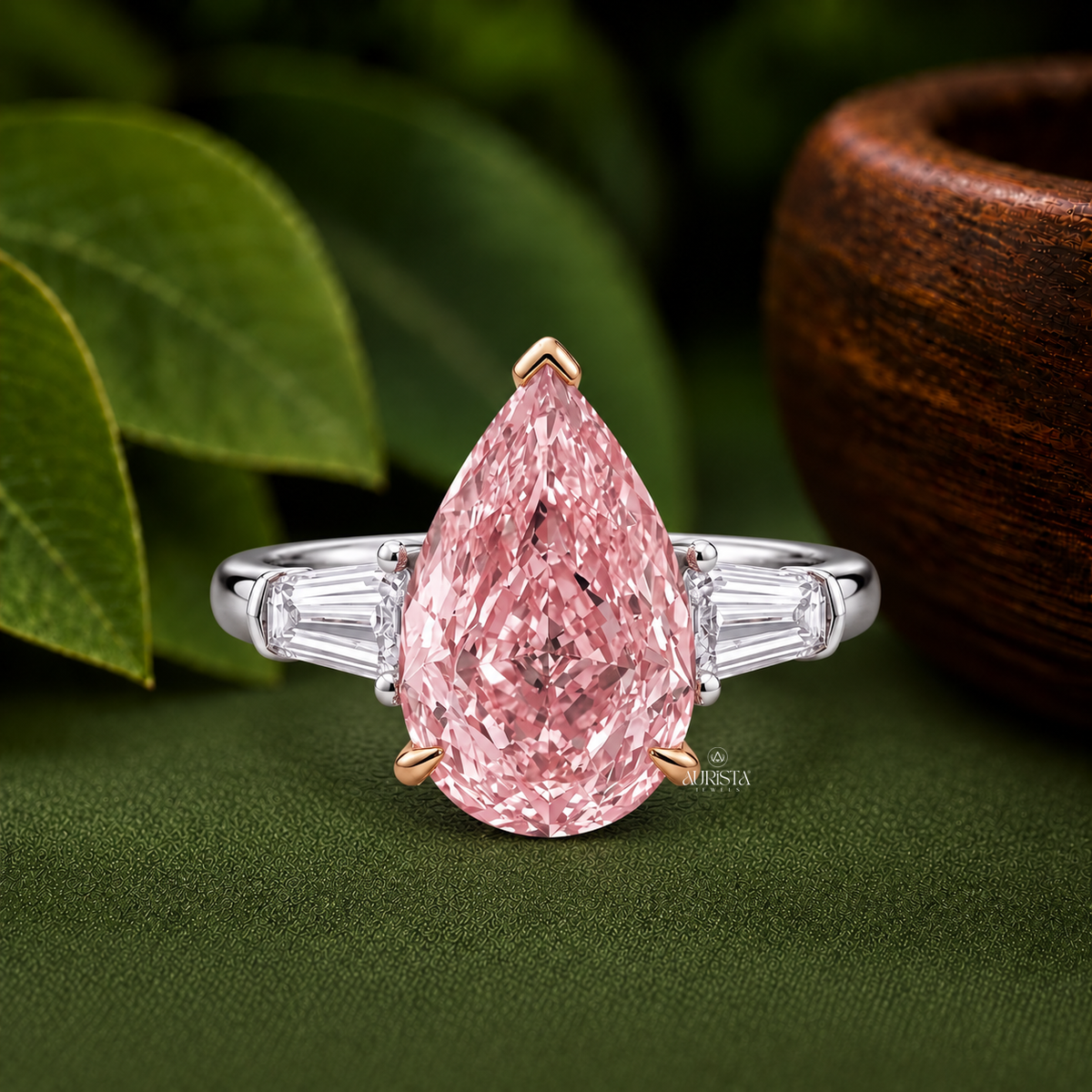 Lab Grown in Diamond Pink Pear Cut Ring Three Stone Engagement Ring Statement