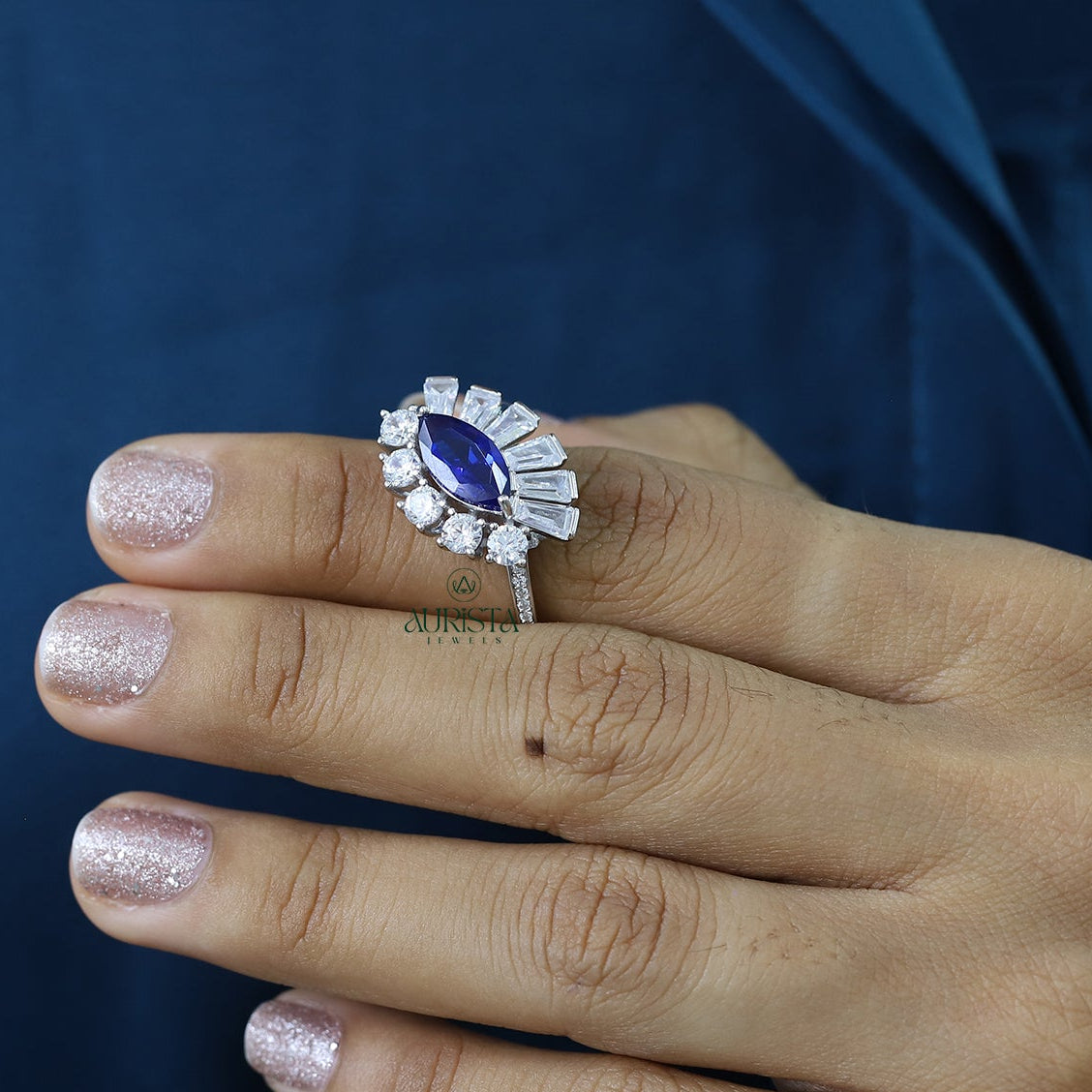 Marquise Blue Sapphire Ring Baguette and Round Moissanite Sunburst Statement Ring