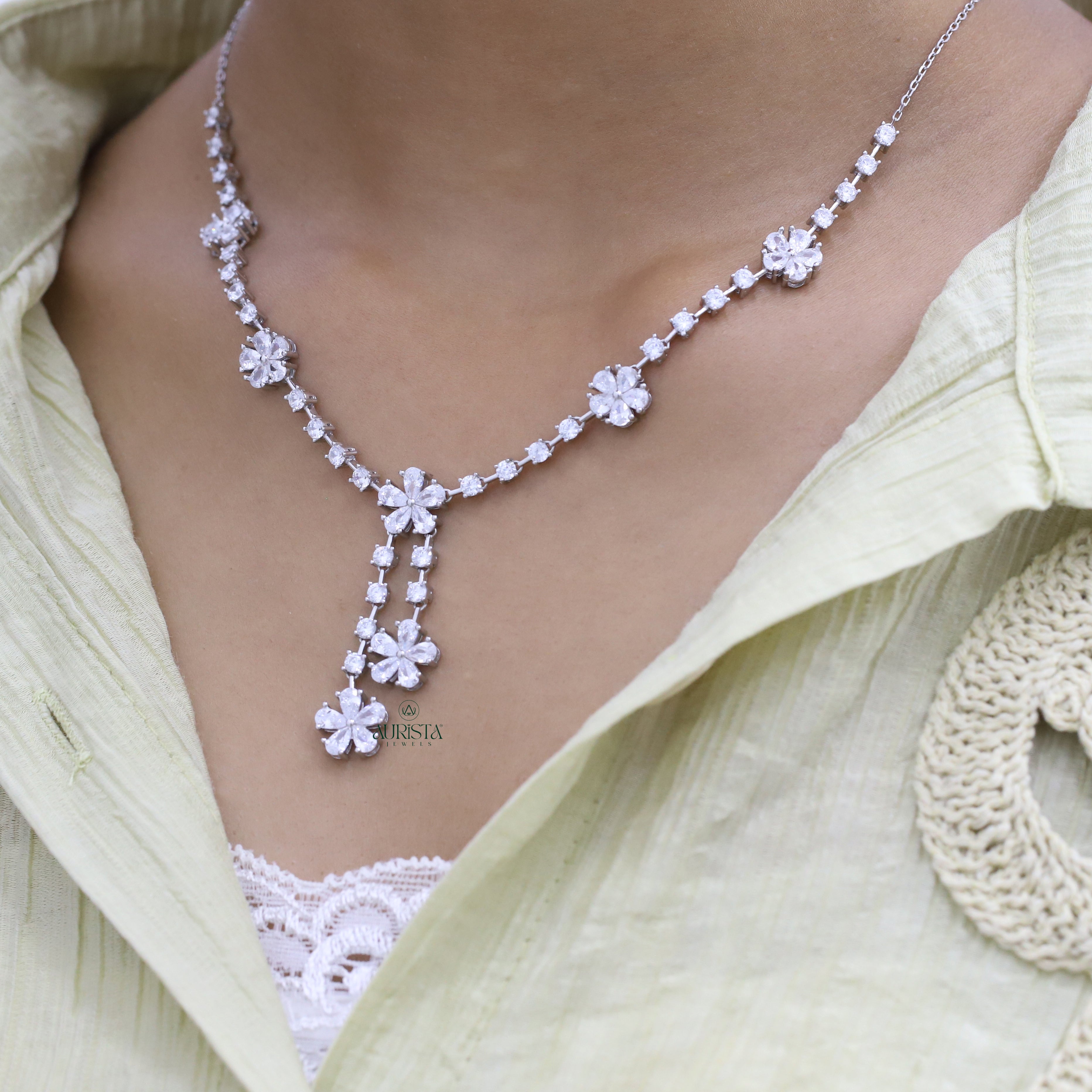 Necklace and Earring moissanite Set Elegant Flower Pendant Minimalist Floral Set