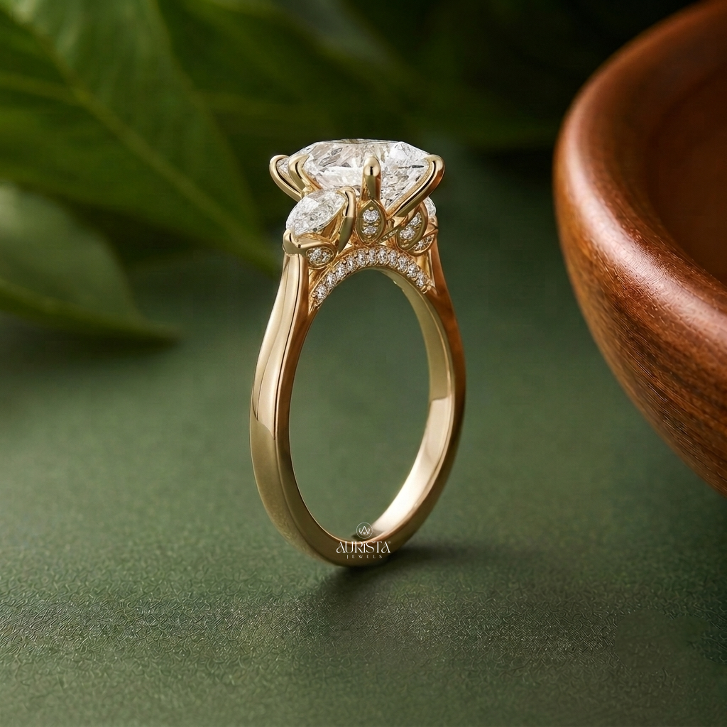 Pear & Marquise Lab Grown Diamond Three Stone Ring, Nature Inspired Engagement Band