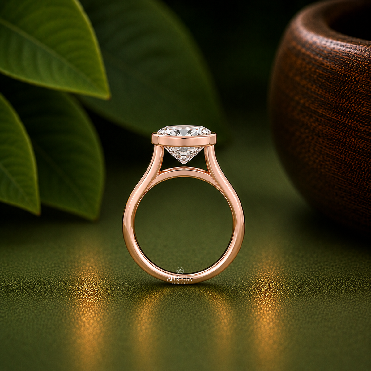 Cushion Shape Lab Grown Diamond Ring, Bezel Set Wide Solitaire Rose Gold Band