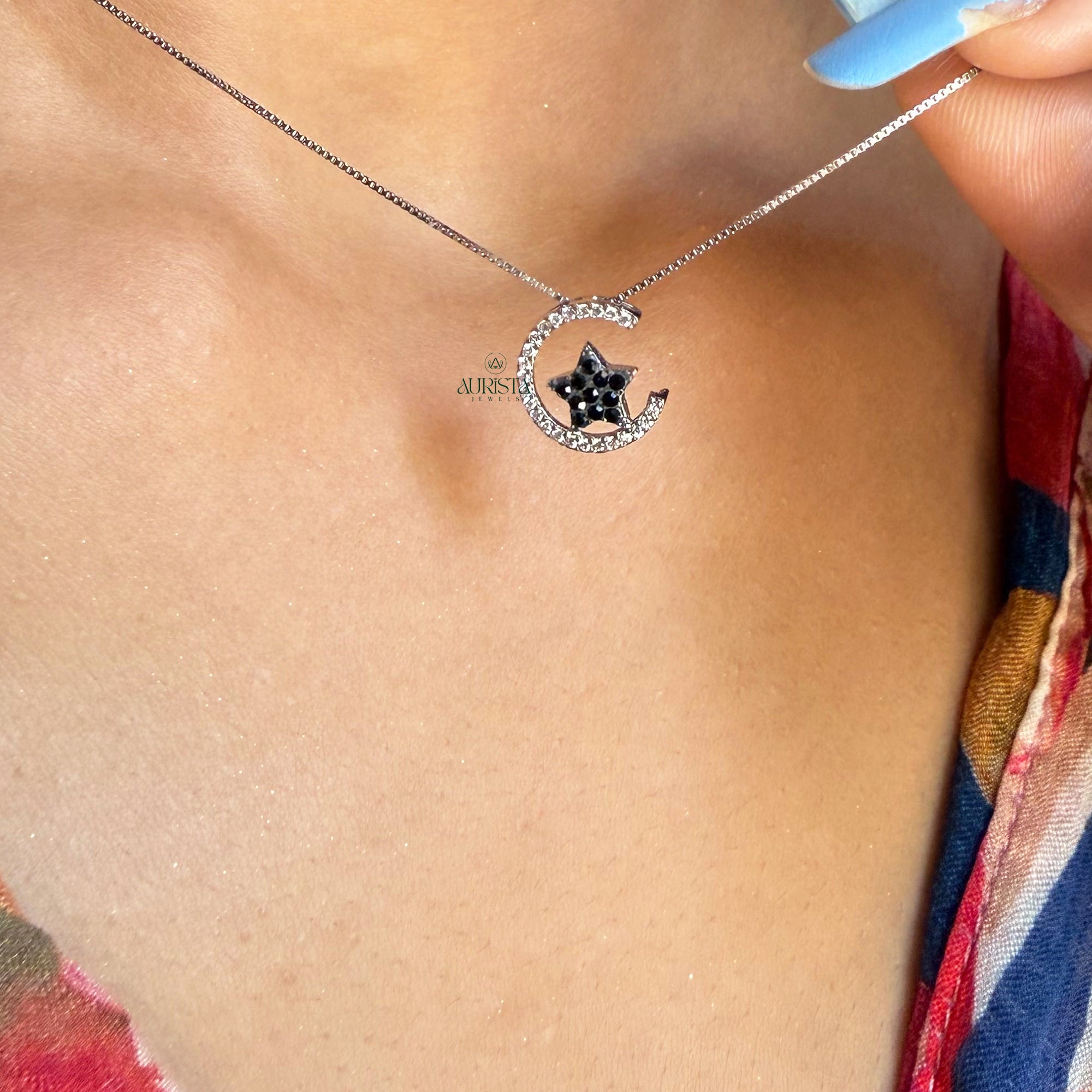 Pave Crescent Moon & Black Star Pendant