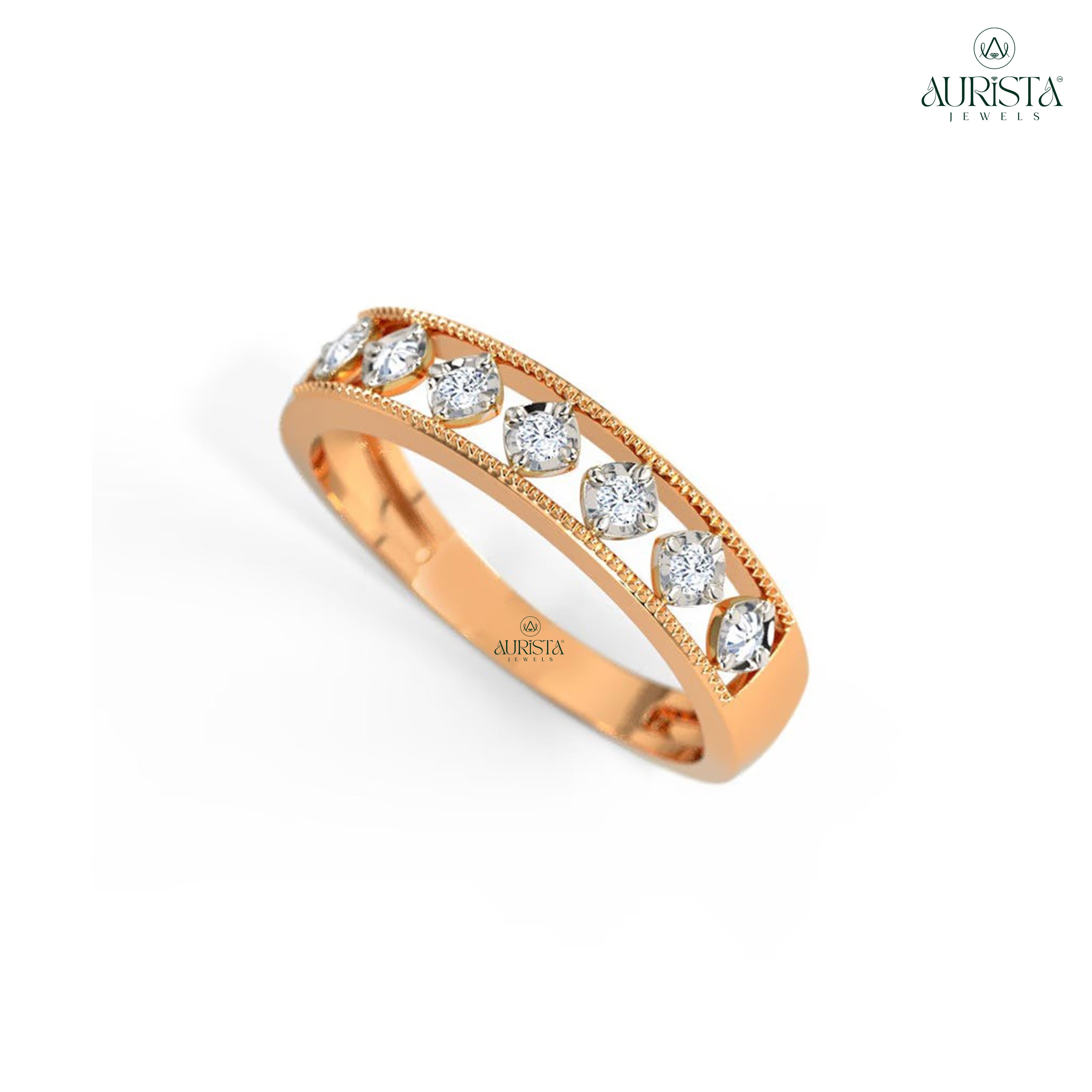 Moissanite Diamond Round Cut Milgrain Wedding Band Rose Gold Illusion Anniversary Ring