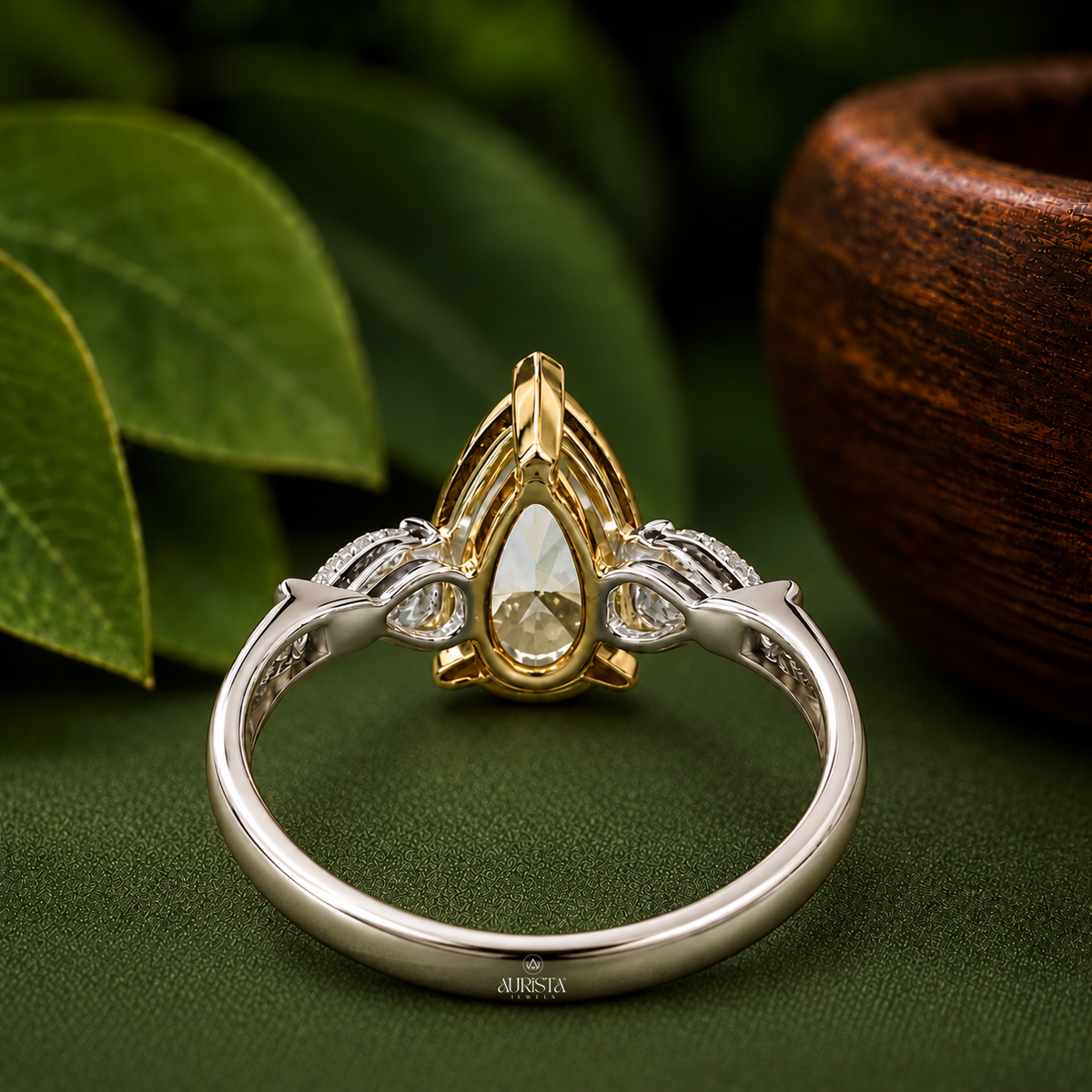 Yellow Pear Cut Three Stone Engagement Ring Statement Band Lab Grown in Diamond
