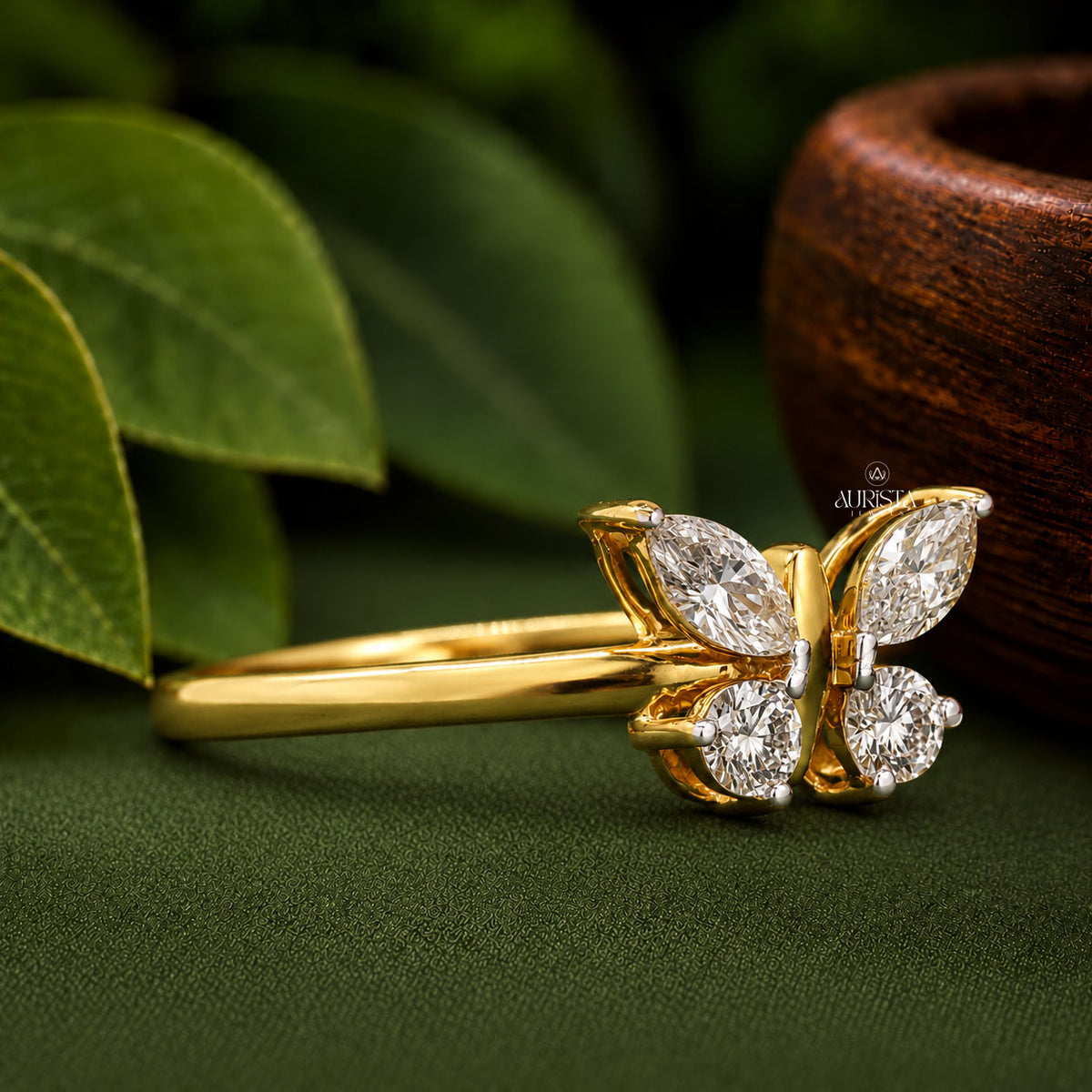 Butterfly Lab Grown Diamond Ring, Marquise & Round Shape Gold Statement Ring