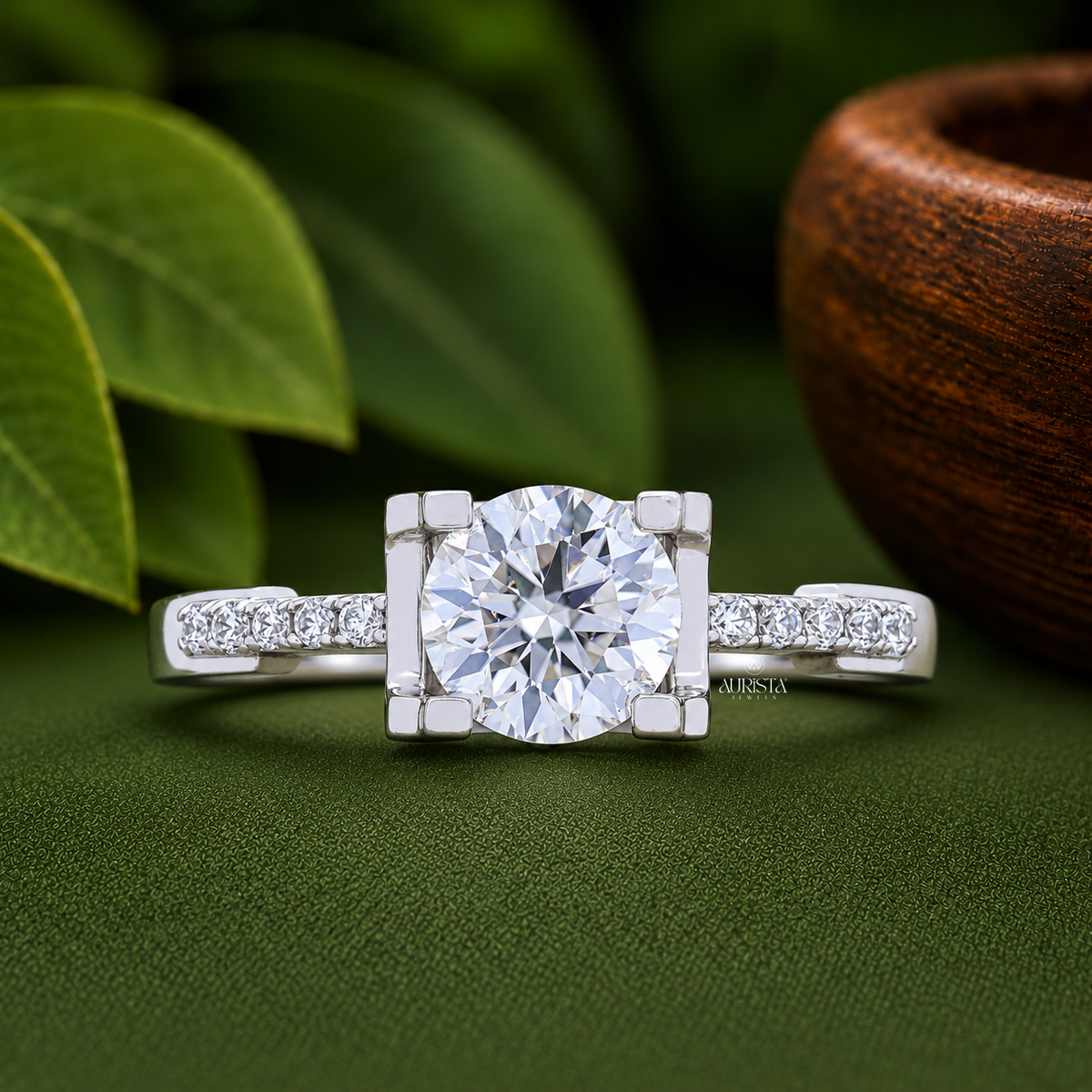 Round Cut Lab Grown Diamond Engagement Ring, Solitaire Ring With Pavé Band