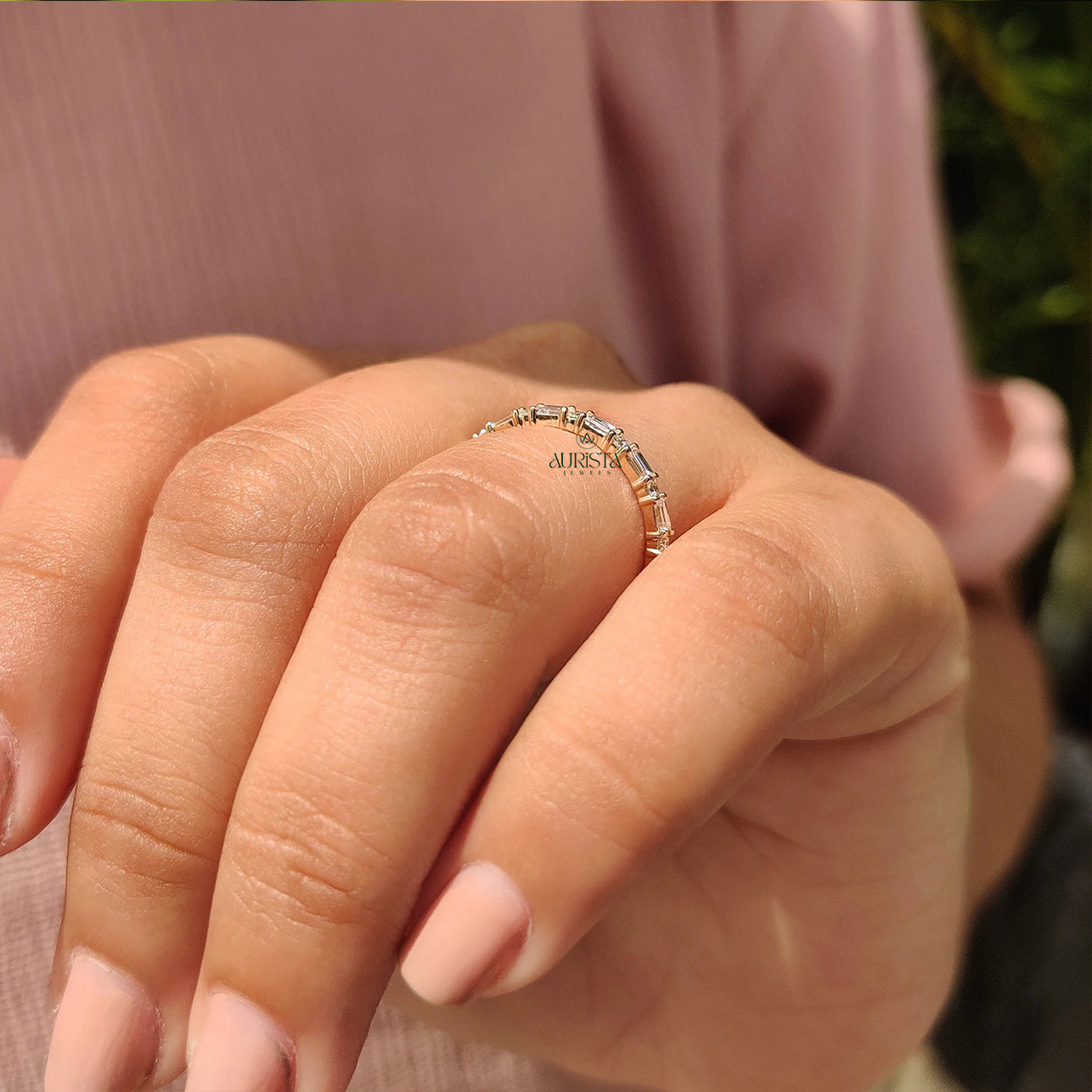 Baguette and Round Moissanite Diamond Alternating Full Eternity Stackable Wedding Band